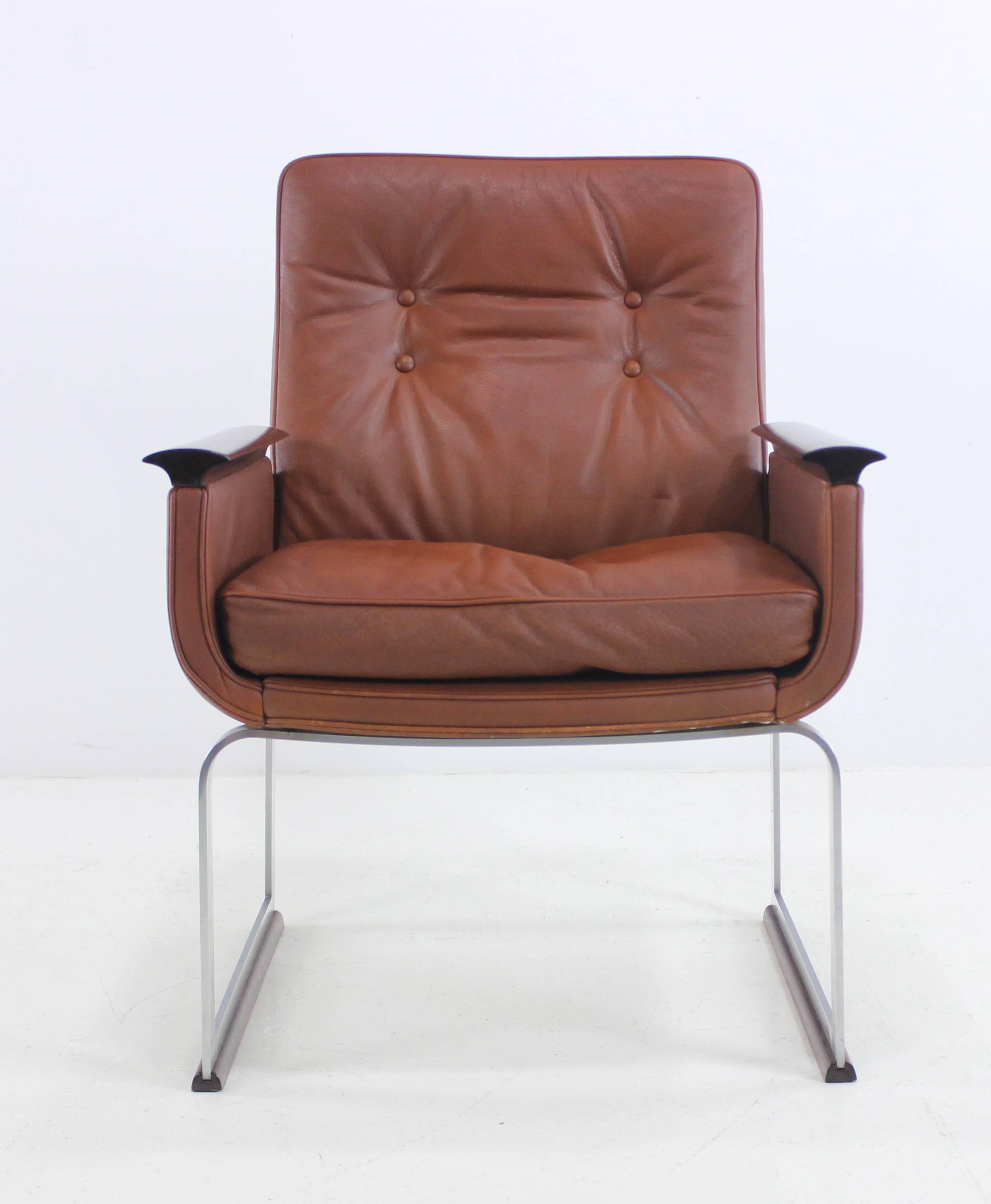 Norwegian Pair of Danish Modern Steel and Leather Armchairs by Vatne Mobler For Sale