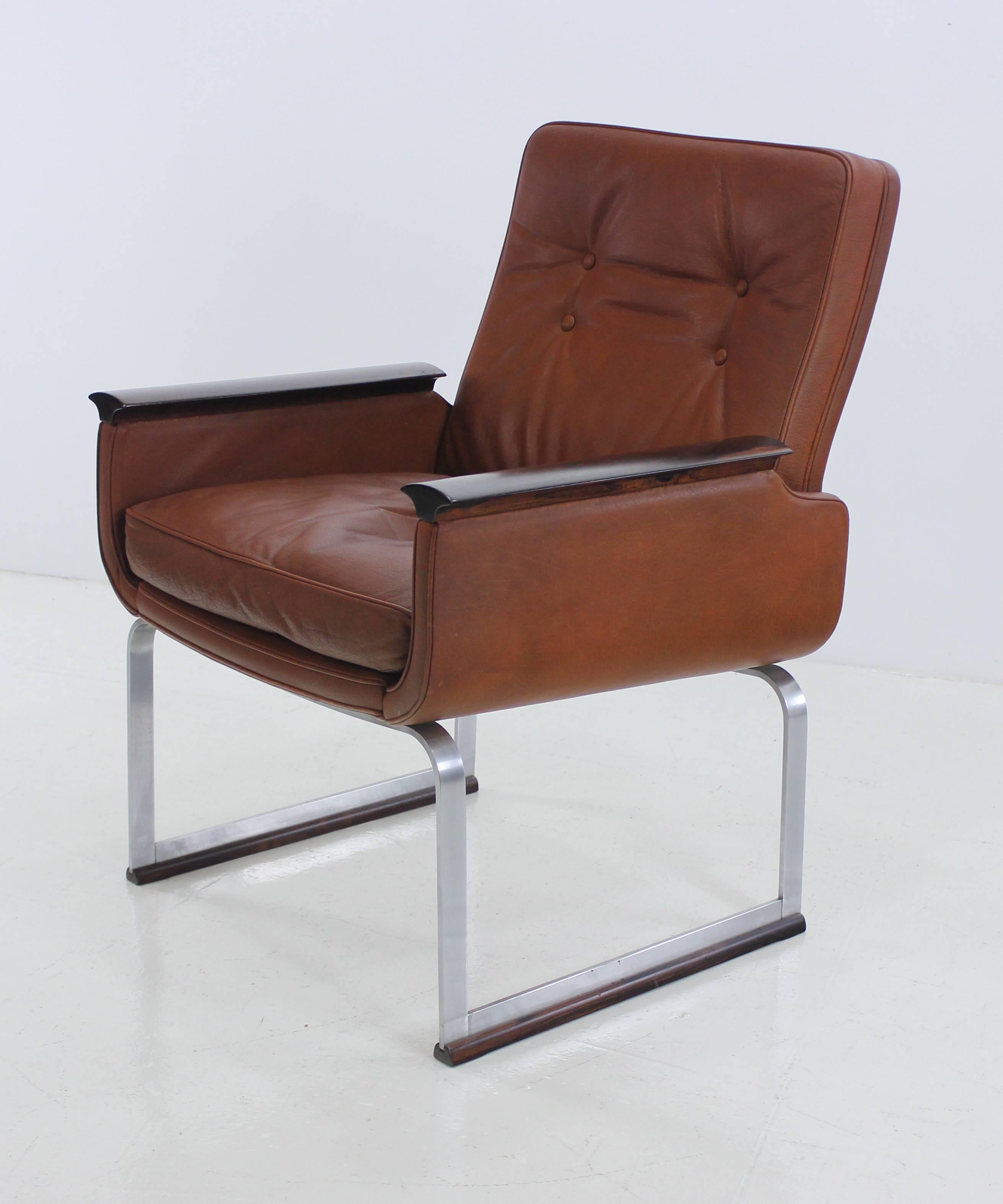 Pair of Danish Modern Steel and Leather Armchairs by Vatne Mobler In Excellent Condition For Sale In Portland, OR