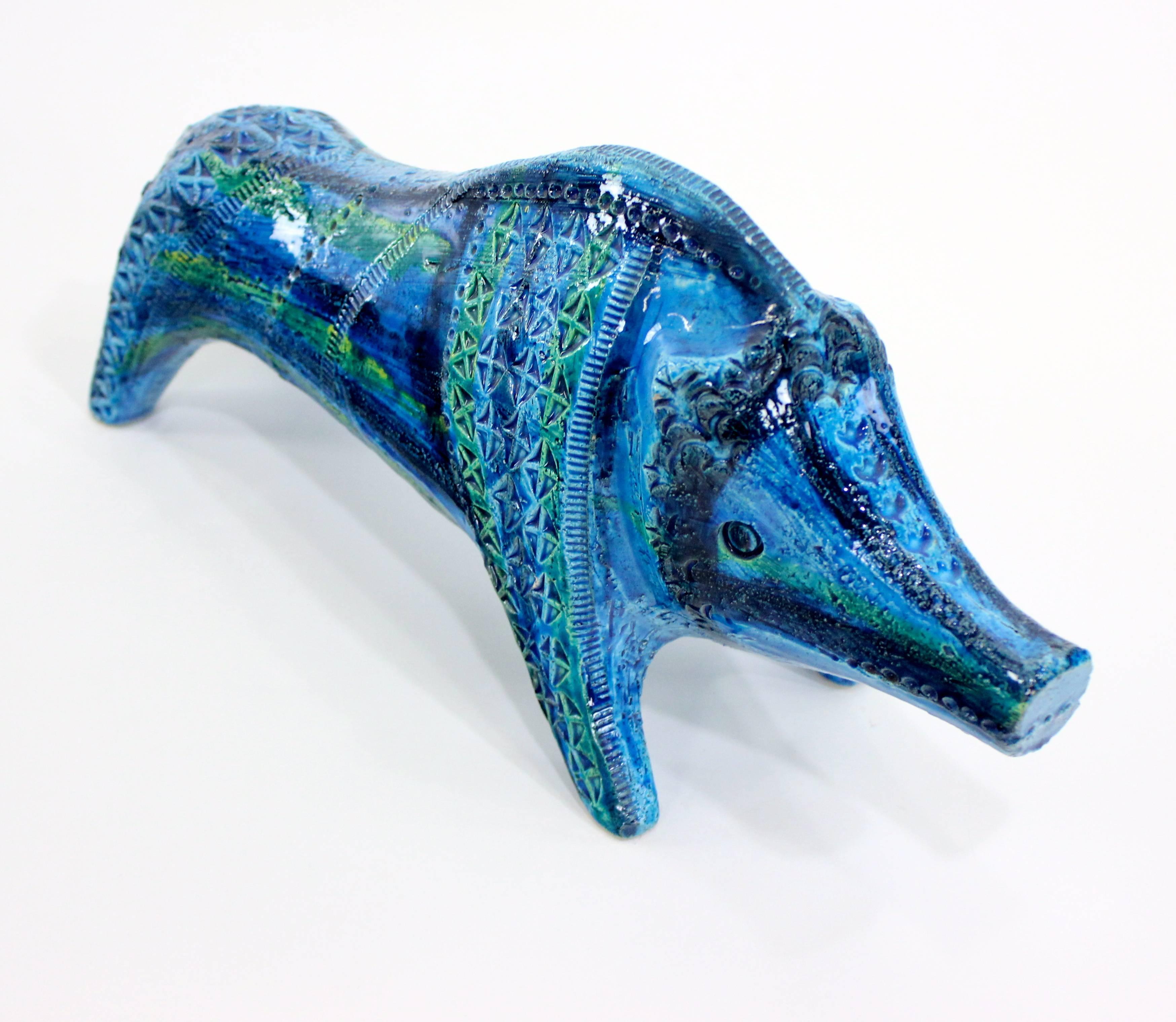 "Remini Blue" wild boar by Aldo Londi for Bitossi.
Circa 1960.
Bright turquoise and green glazed ceramic.
Matchless quality and price.
Low freight and quick ship.