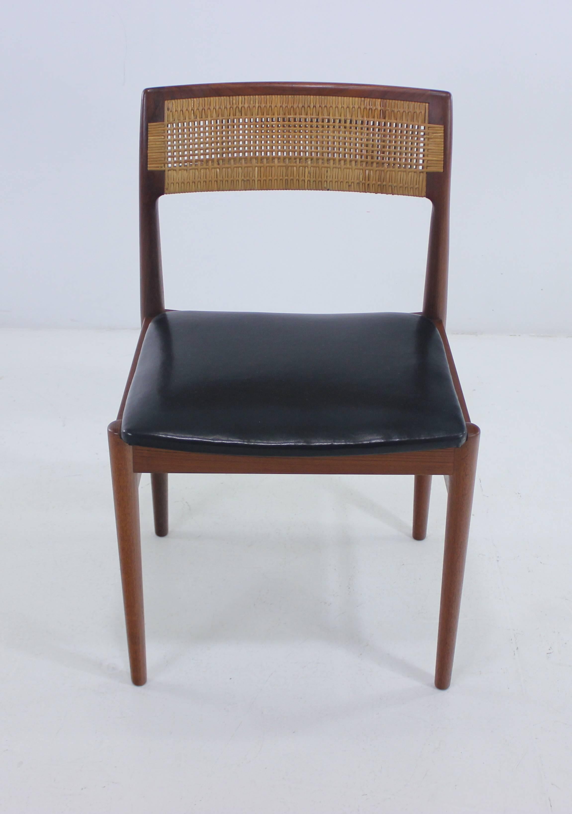 Eight Danish modern armchairs designed by Erik Worts.
Timeless and rare.
Henrik Wørts Møbelsnedkeri, maker.
Rich teak with newly caned backs.
Original leather seats.
Matchless quality and price.
Low freight and quick ship.