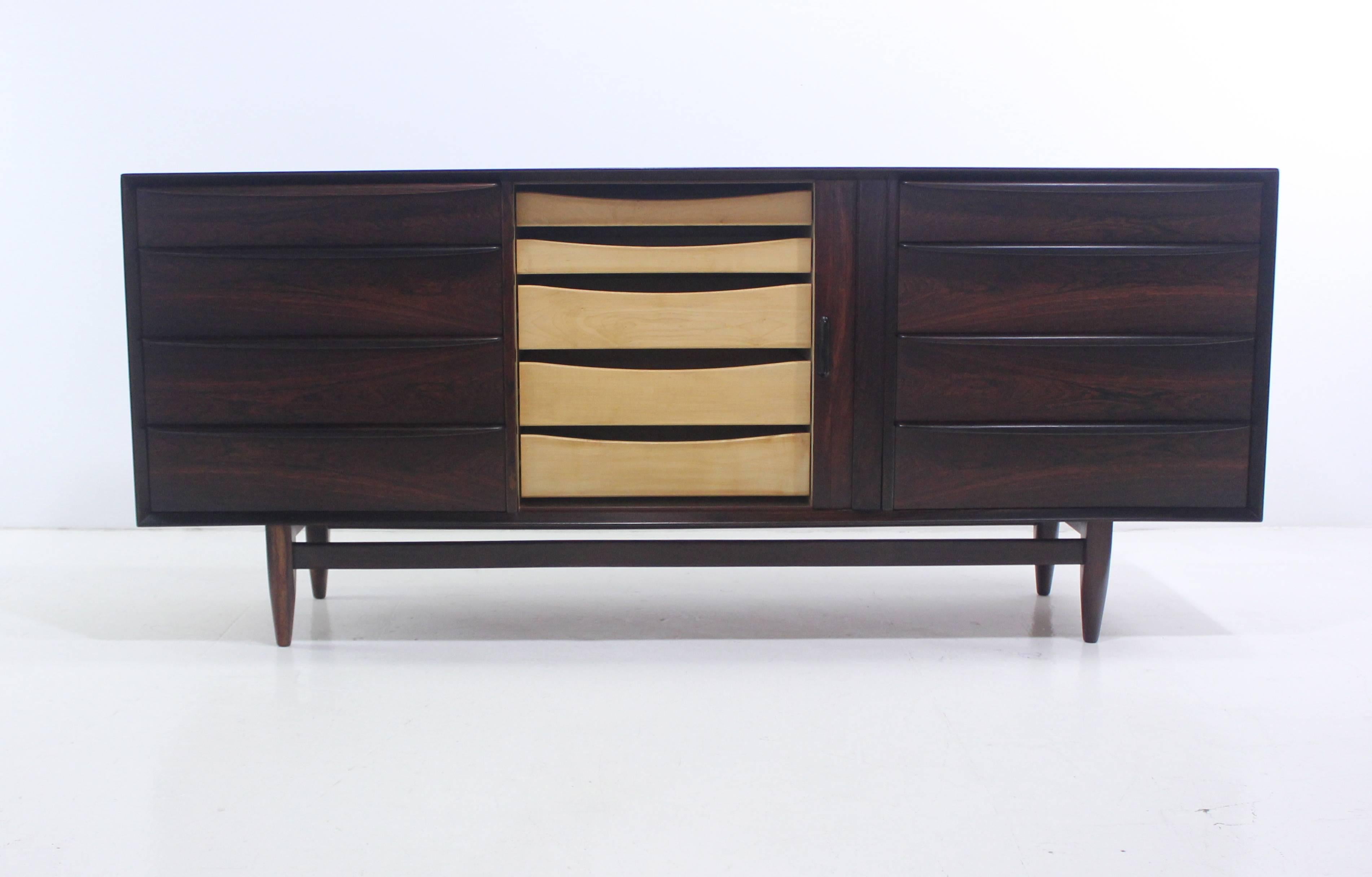 Danish Modern Rosewood Dresser or Credenza with Tambour Doors by Falster In Excellent Condition For Sale In Portland, OR