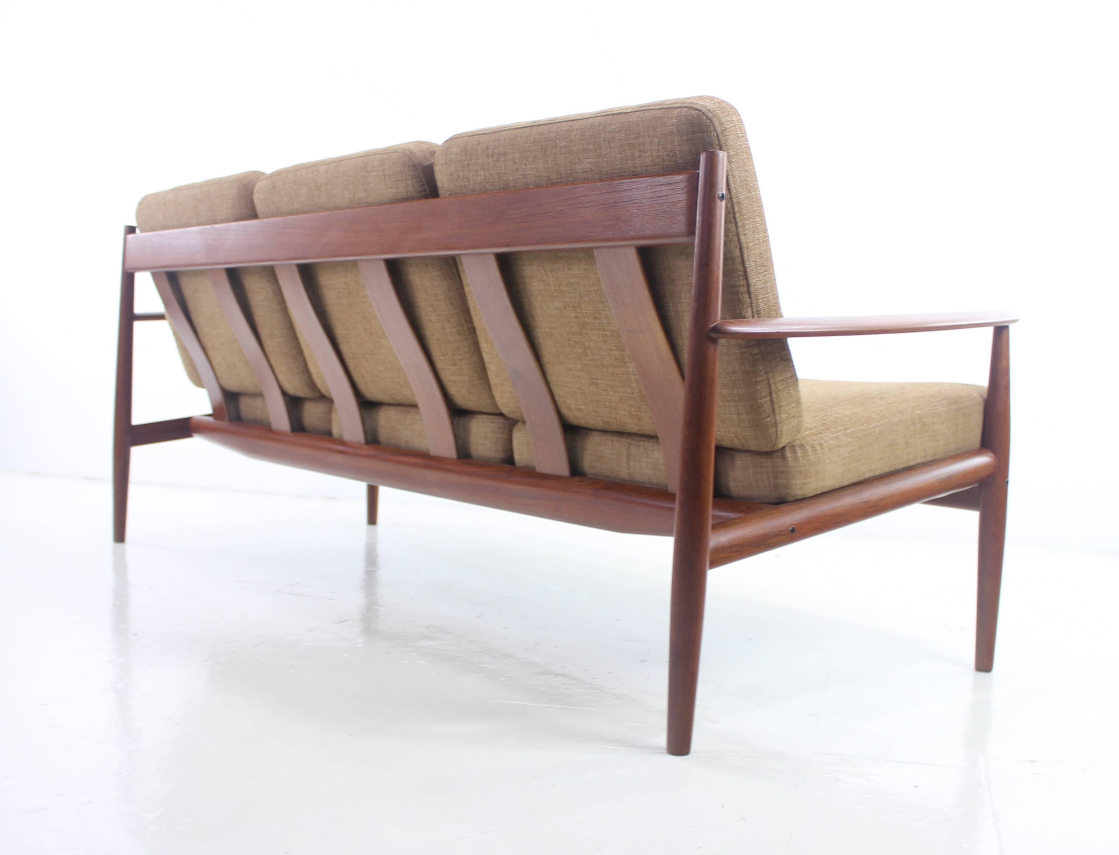 Danish Modern Three-Place Teak Framed Sofa Designed by Grete Jalk In Excellent Condition For Sale In Portland, OR