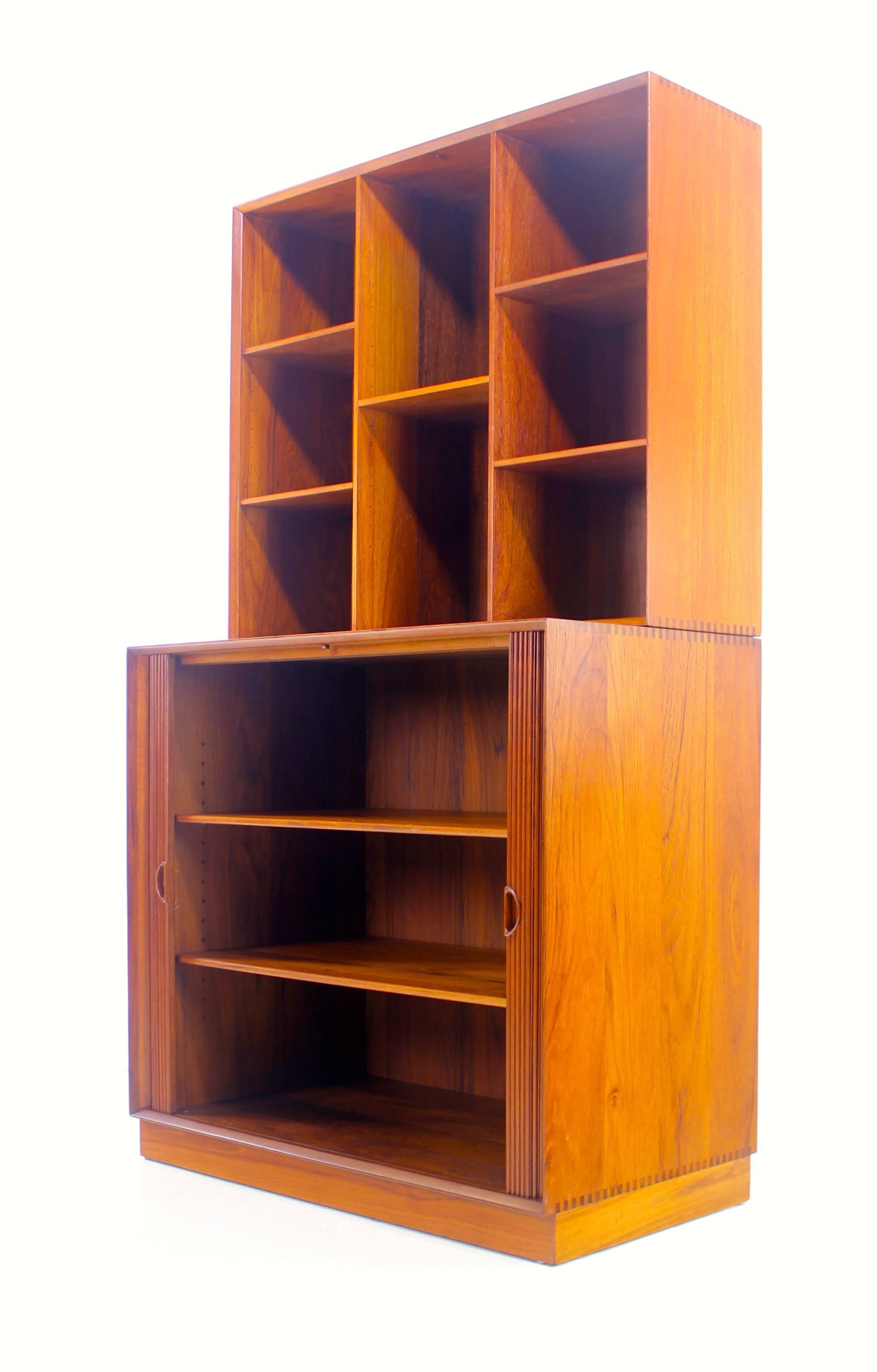 Danish Modern Solid Teak Cabinet with Tambour Doors Designed by Peter Hvidt In Excellent Condition For Sale In Portland, OR