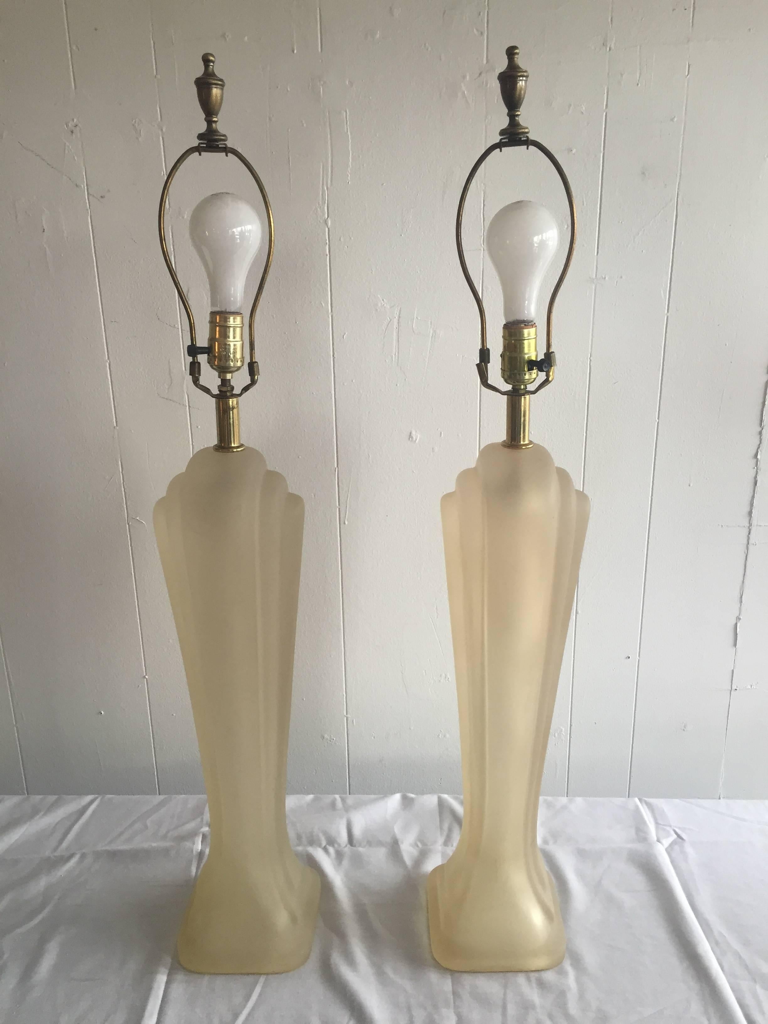 Elegant pair of signed frosted acrylic table lamps by Paulo Gucci for Gucci Lamps. Signed Paolo Gucci. Actual body of lamps measures 23