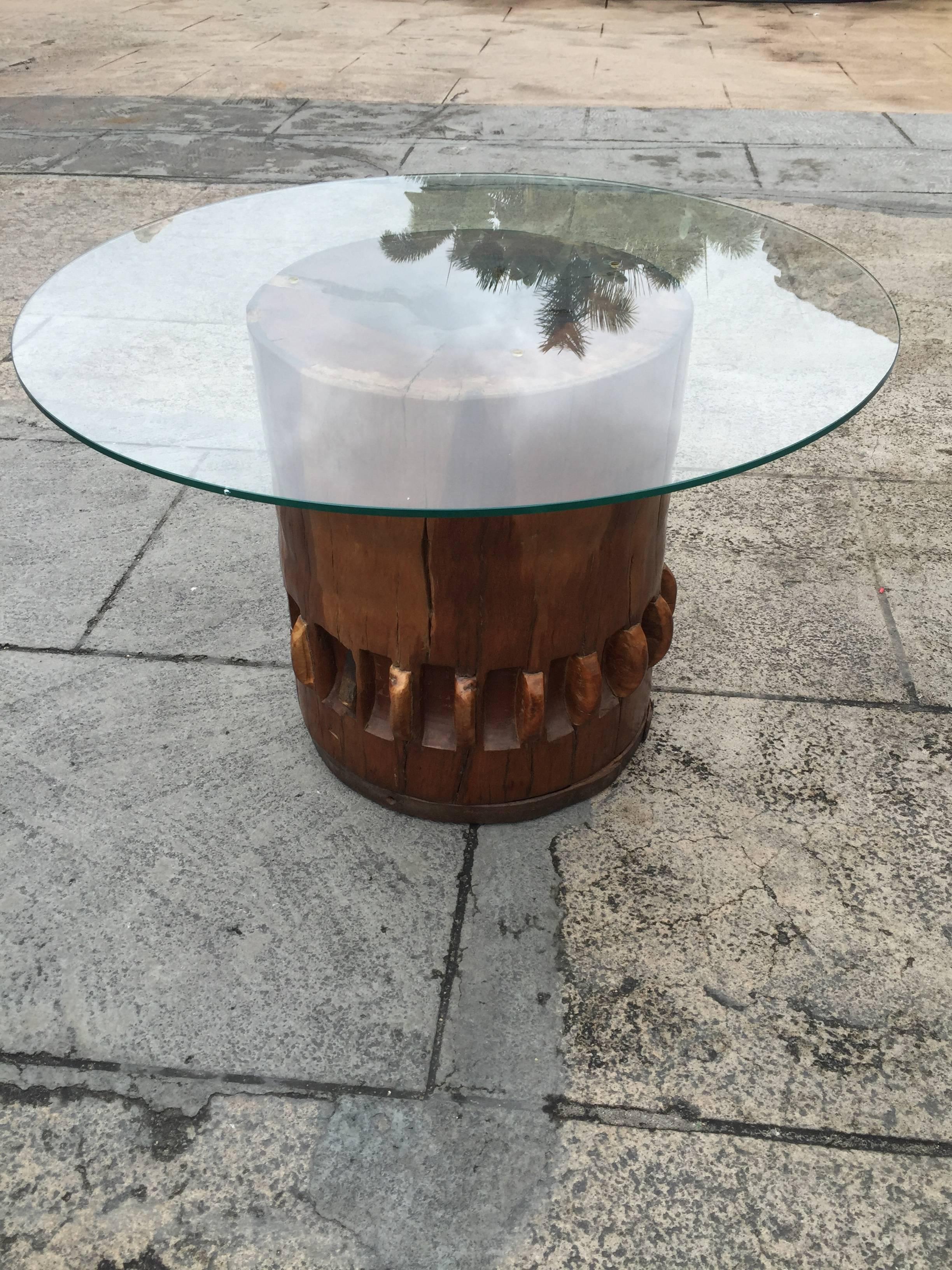Solid wood gear or cog from a windmill repurposed into a table base. Could be used as a coffee or end table. Piece has been professionally refinished.