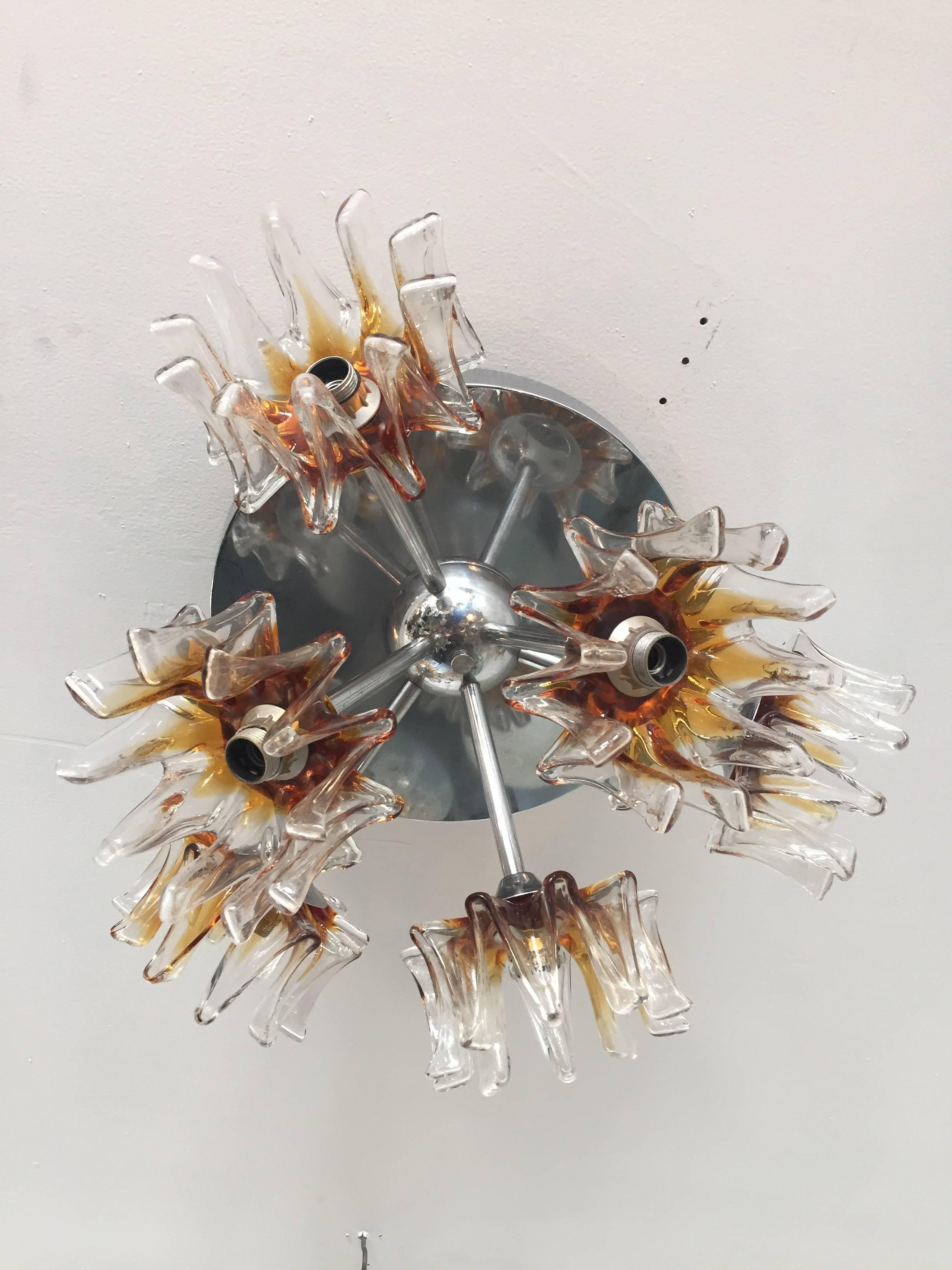Clear and amber Murano glass sputnik Italian chandelier by Mazzega.