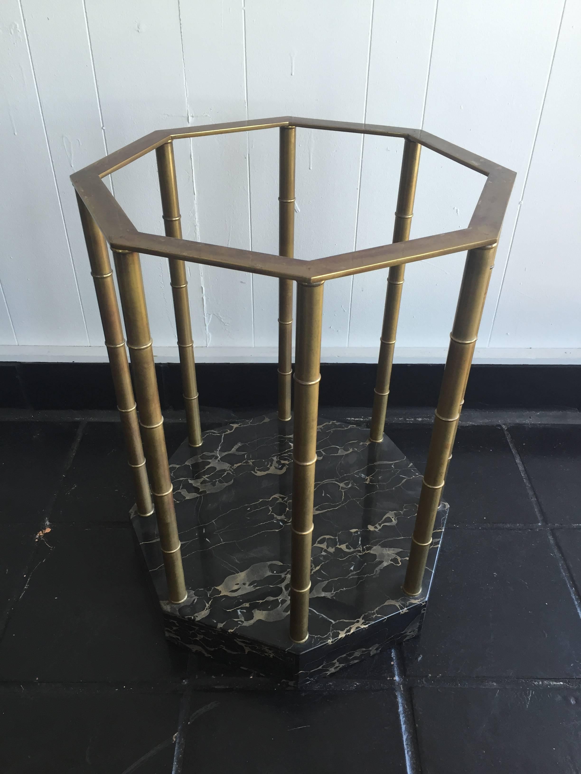Faux bamboo brass and marble occasional table on marble base.