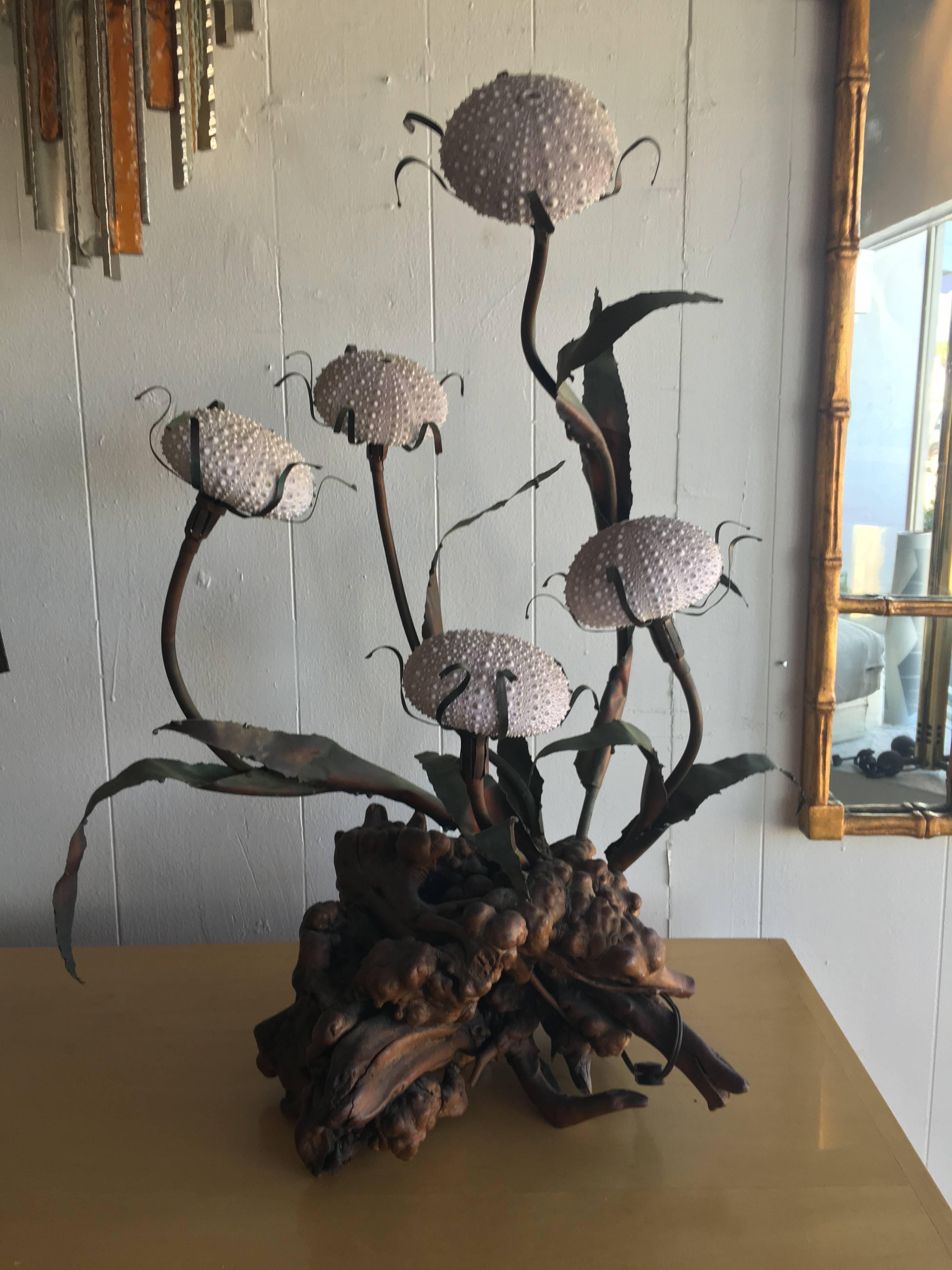 Extremely unusual English Channel sea urchin lamp on root wood base with copper folliage.