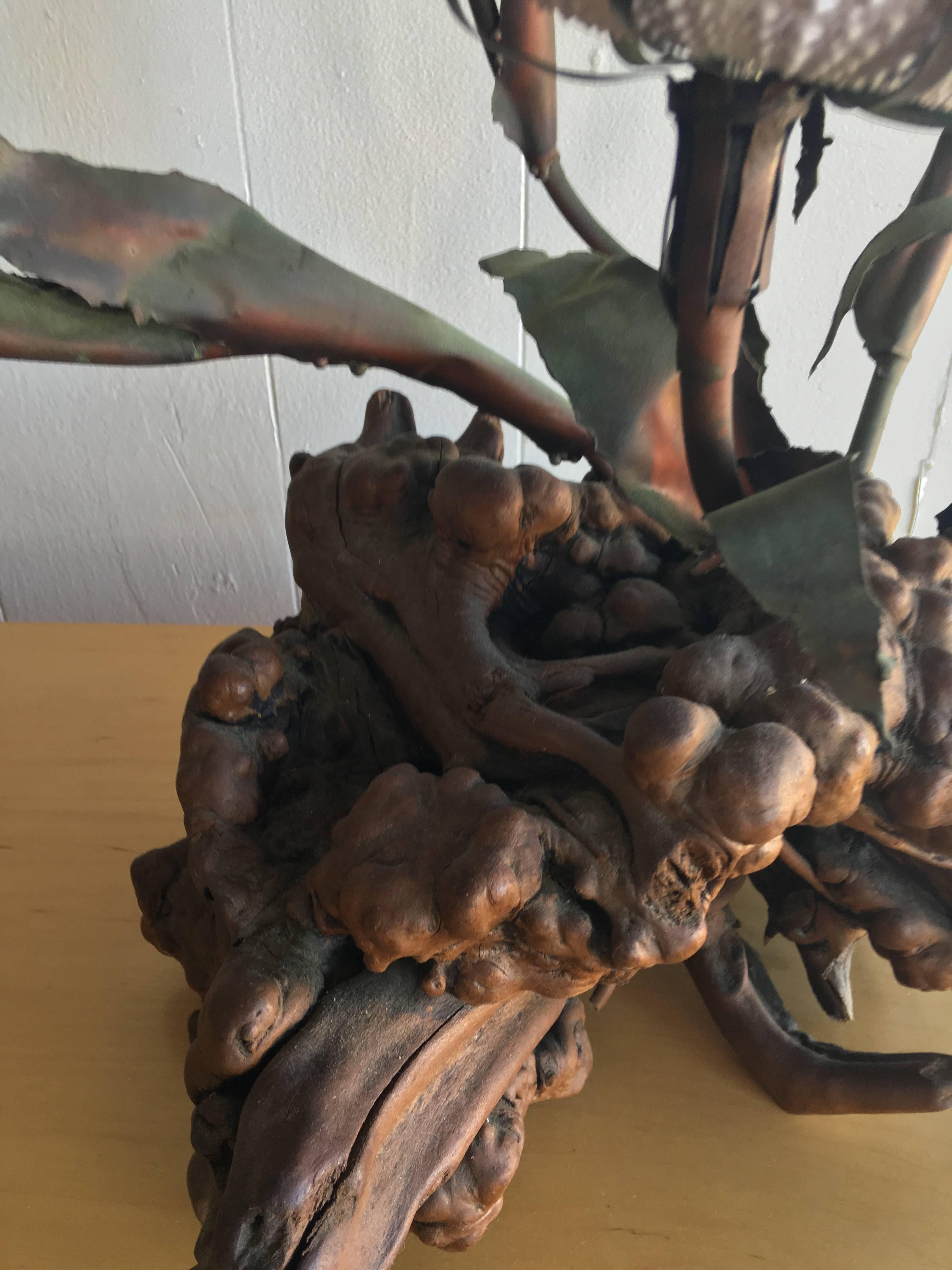 Mid-Century Modern Large Five Light Root Wood and Copper Sea Urchin Table Lamp For Sale