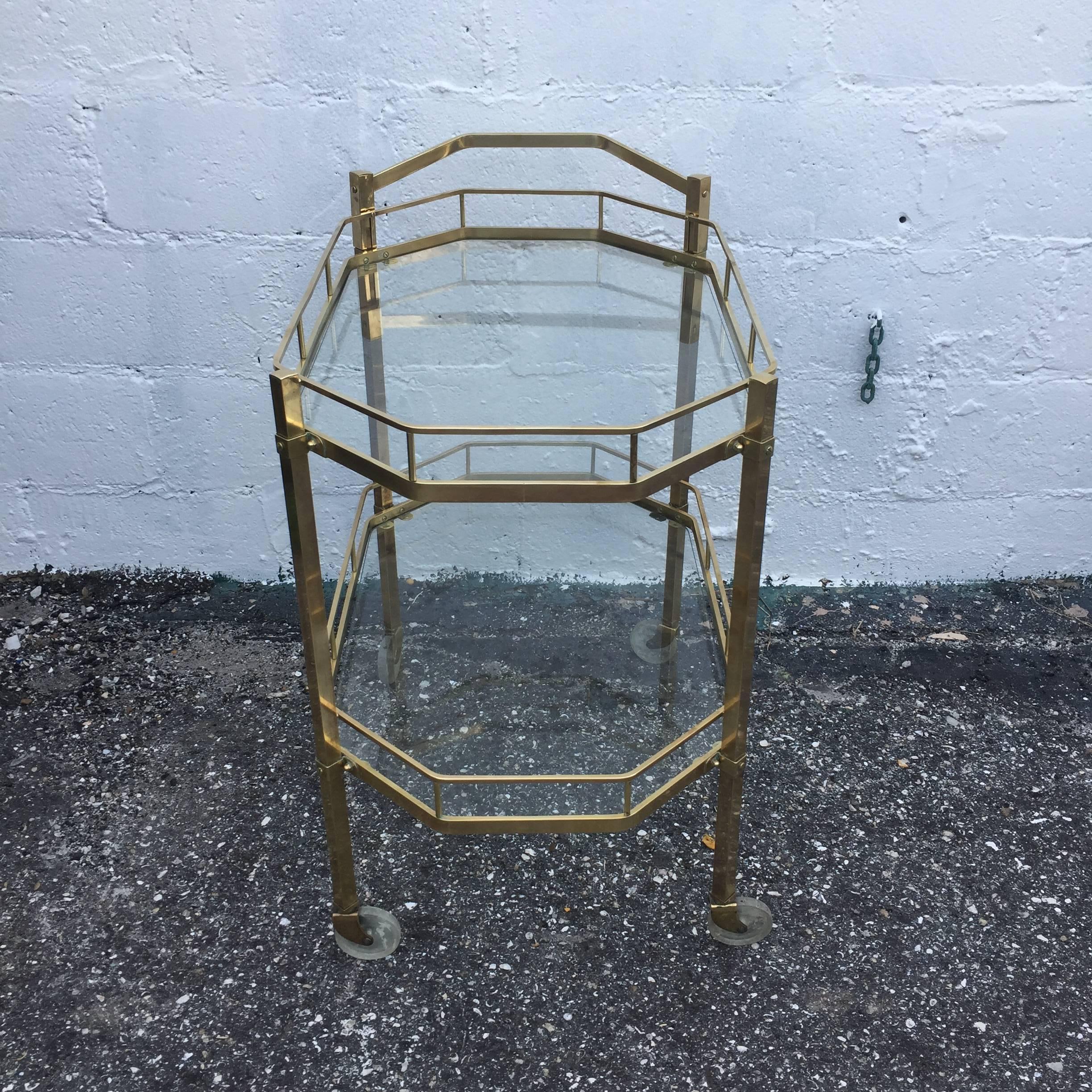 Mid-Century Modern Mid-Century Pilished Brass and Glass Two-Tier Tea Cart For Sale