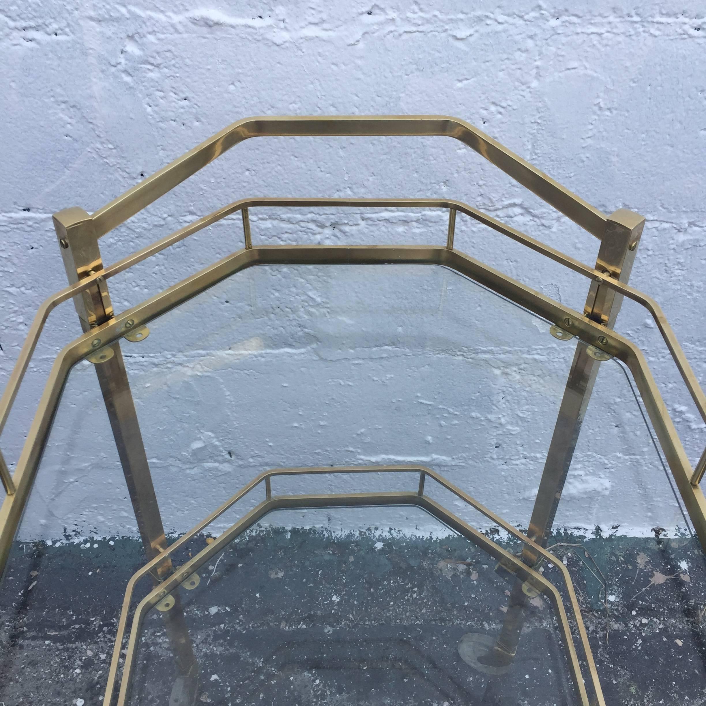 Italian Mid-Century Pilished Brass and Glass Two-Tier Tea Cart For Sale