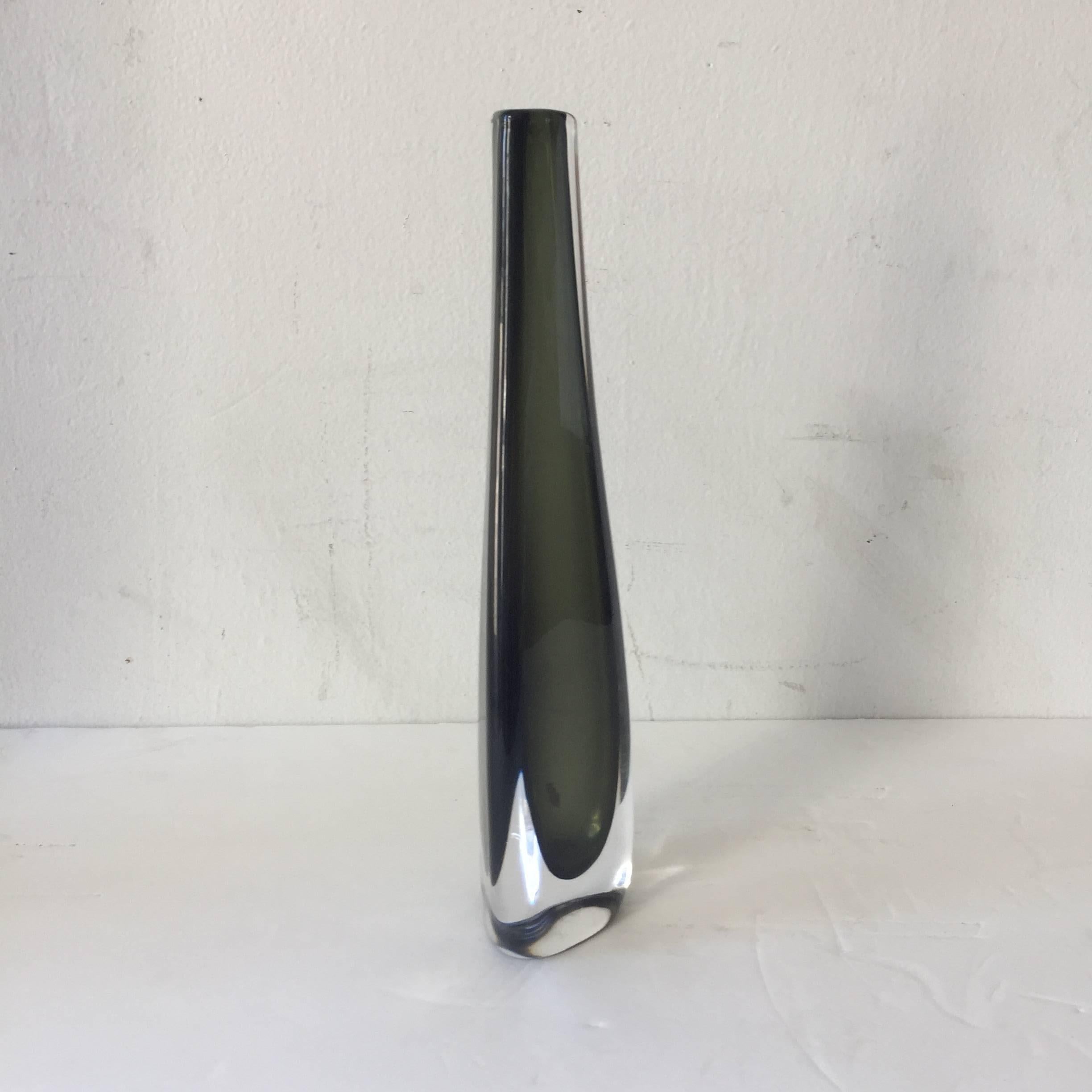 Smoked Sommerso glass vase, circa 1950s. Cased within a clear layer by Nils Landberg for Orrefors of Sweden signed in underside.