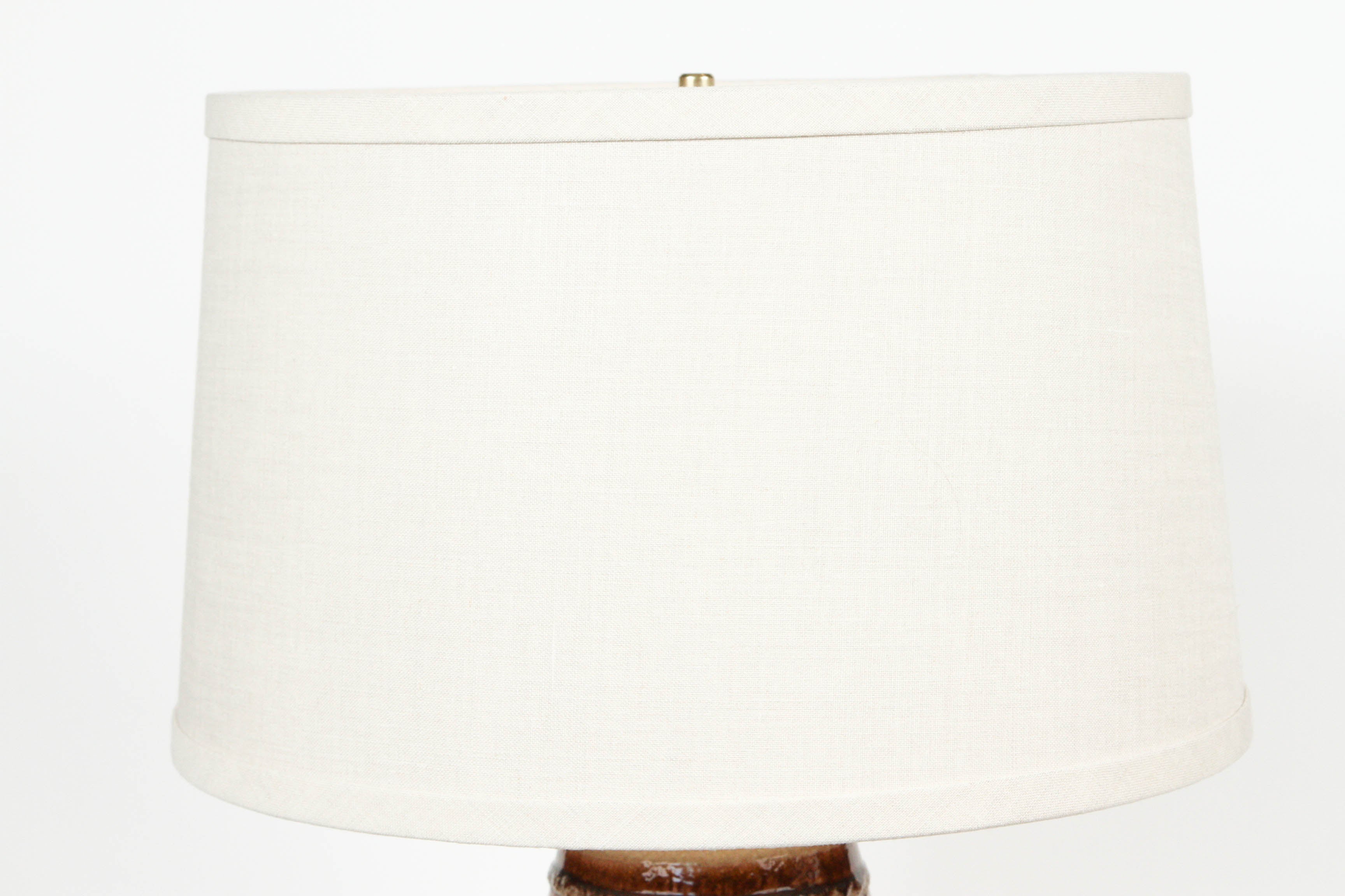 Mid-Century brown stripe ceramic lamp with new wiring and new linen shade.