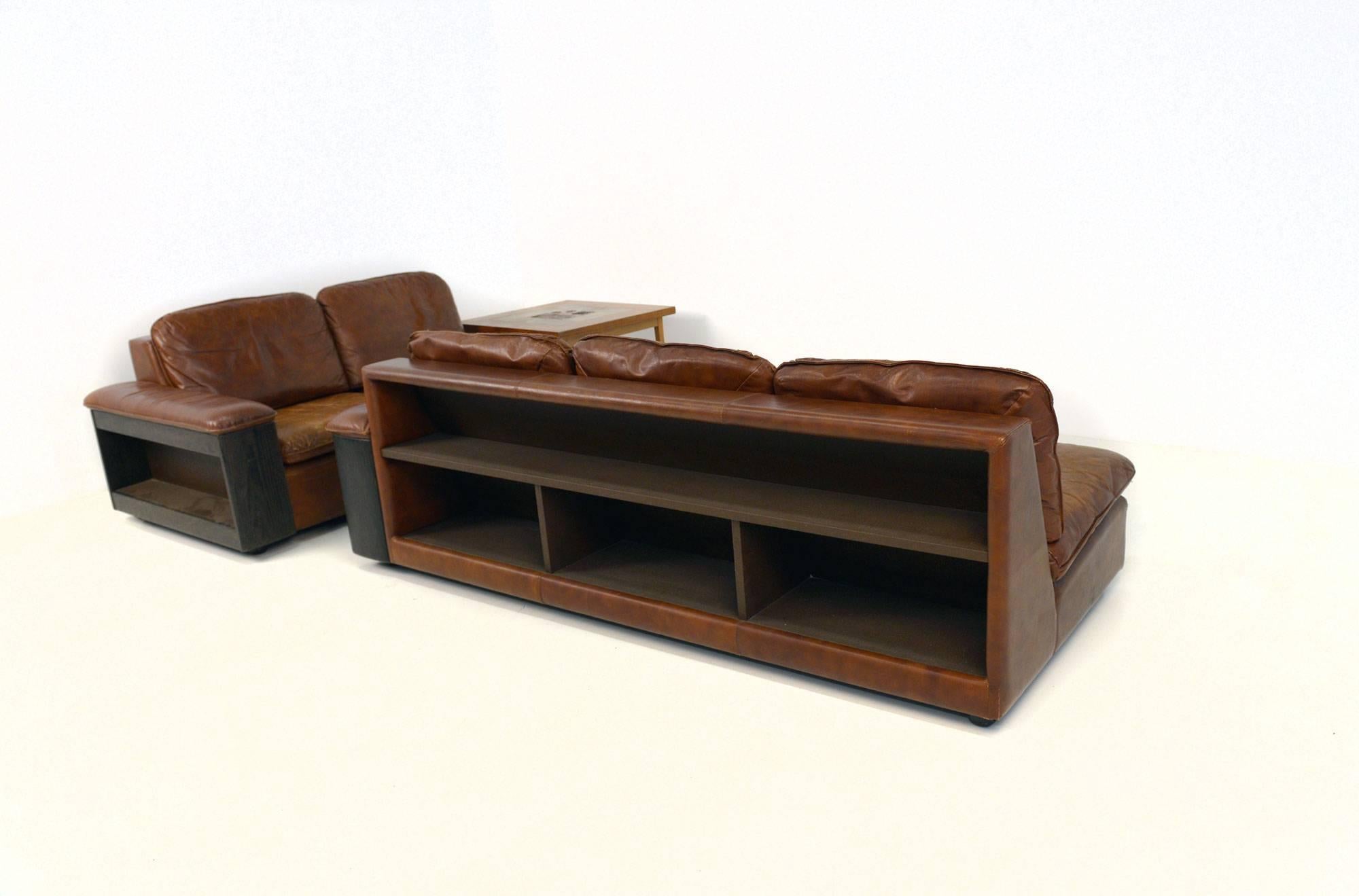 Cool Leather Sofa with Bookcase in the Back, Two Parts For Sale 1