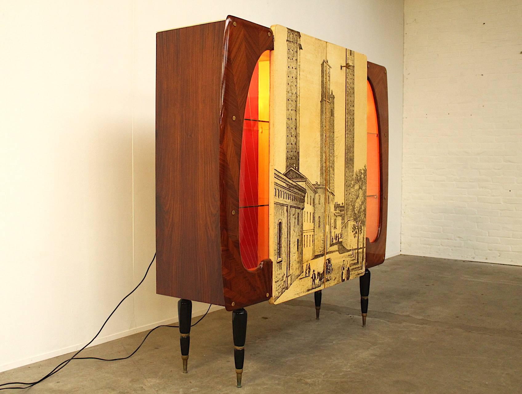 Mid-Century Modern Piero Fornasetti Style High Cupboard Featuring the Medieval Twin Towers For Sale