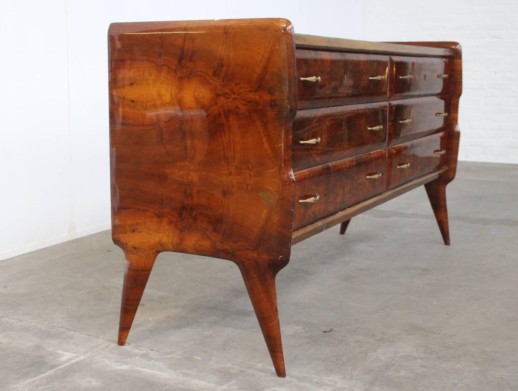 Mid-Century Modern Burl Wood and Blue Glass Sideboard in the Manner of Vittorio Dassi