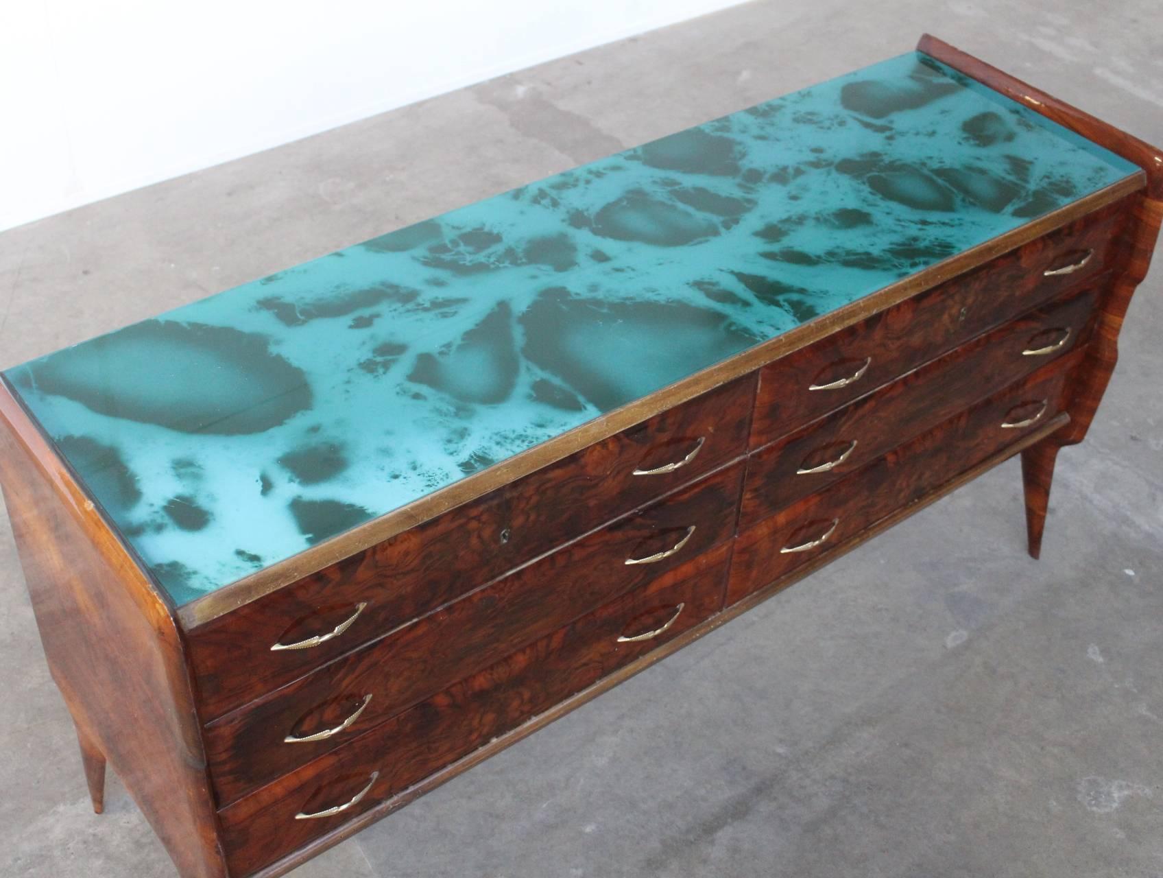 Burl Wood and Blue Glass Sideboard in the Manner of Vittorio Dassi In Excellent Condition In Amsterdam, NL