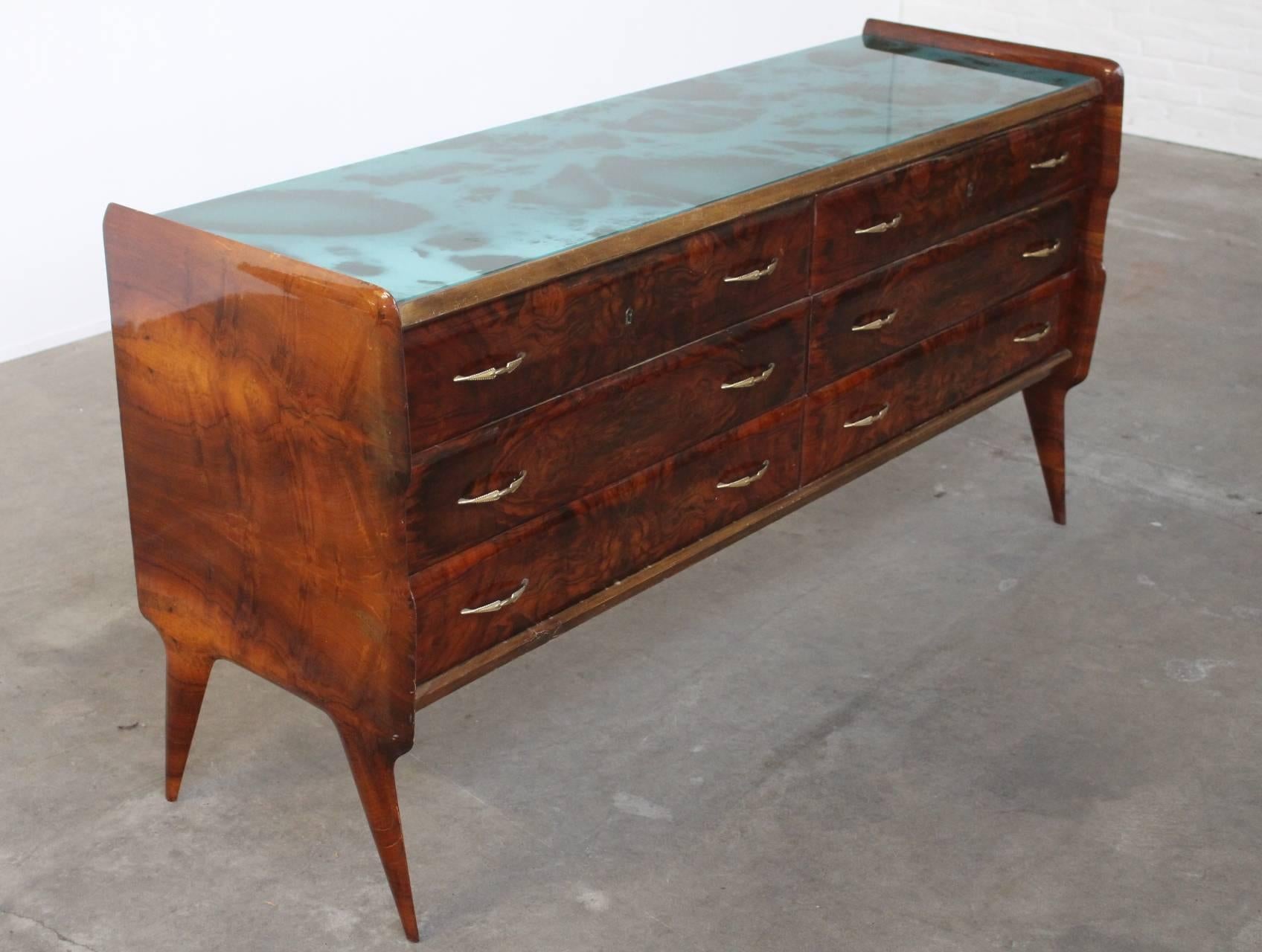Mid-20th Century Burl Wood and Blue Glass Sideboard in the Manner of Vittorio Dassi