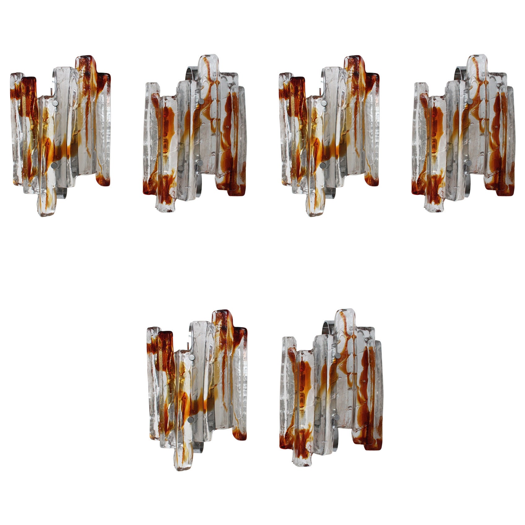 Set of Five Sculptural Murano Glass Wall Sconces by Mazzega