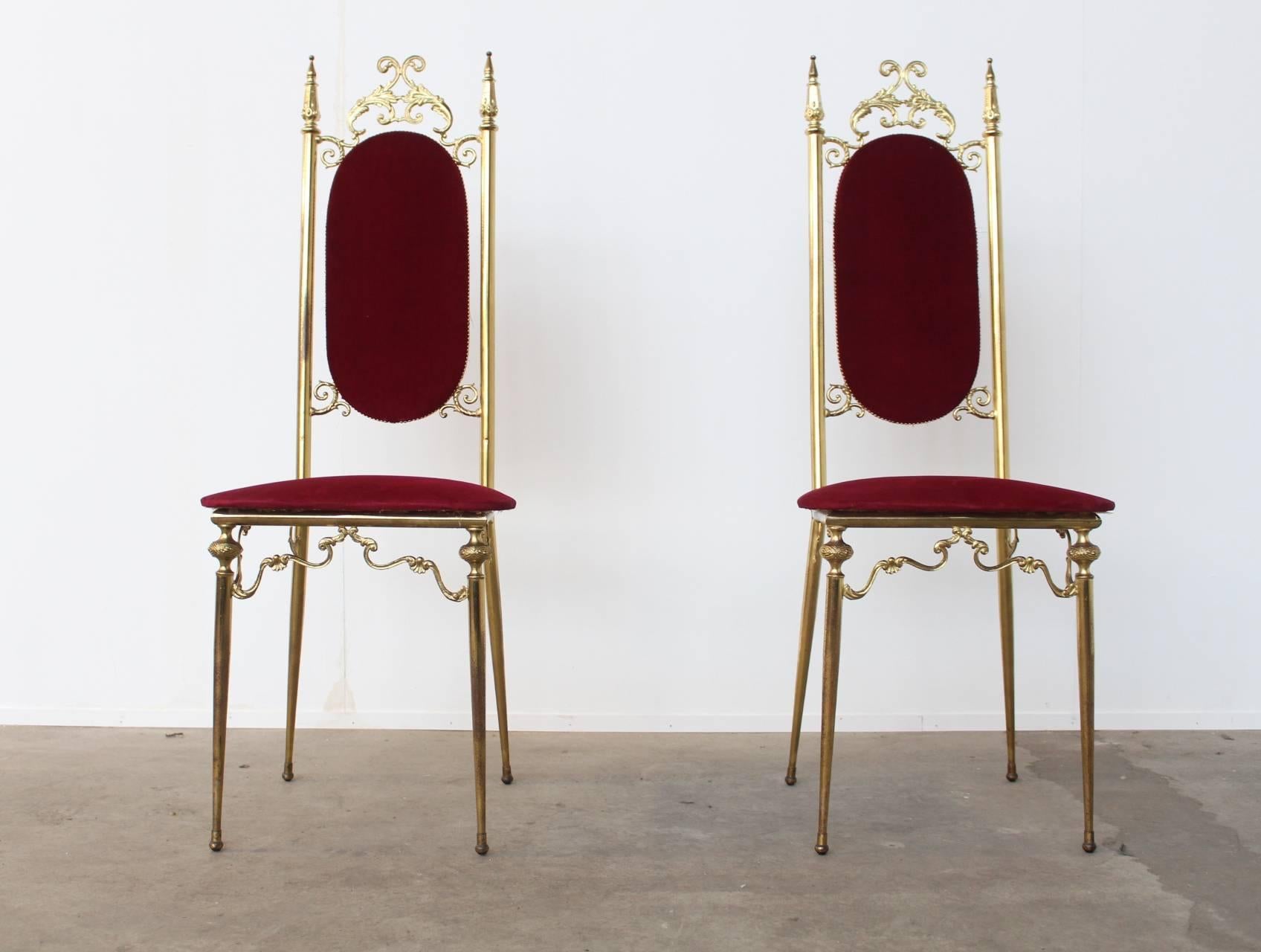 Mid-Century Modern Pair of Stunning 1950s Brass Chiavari Side Chairs, Italy, circa 1950 For Sale