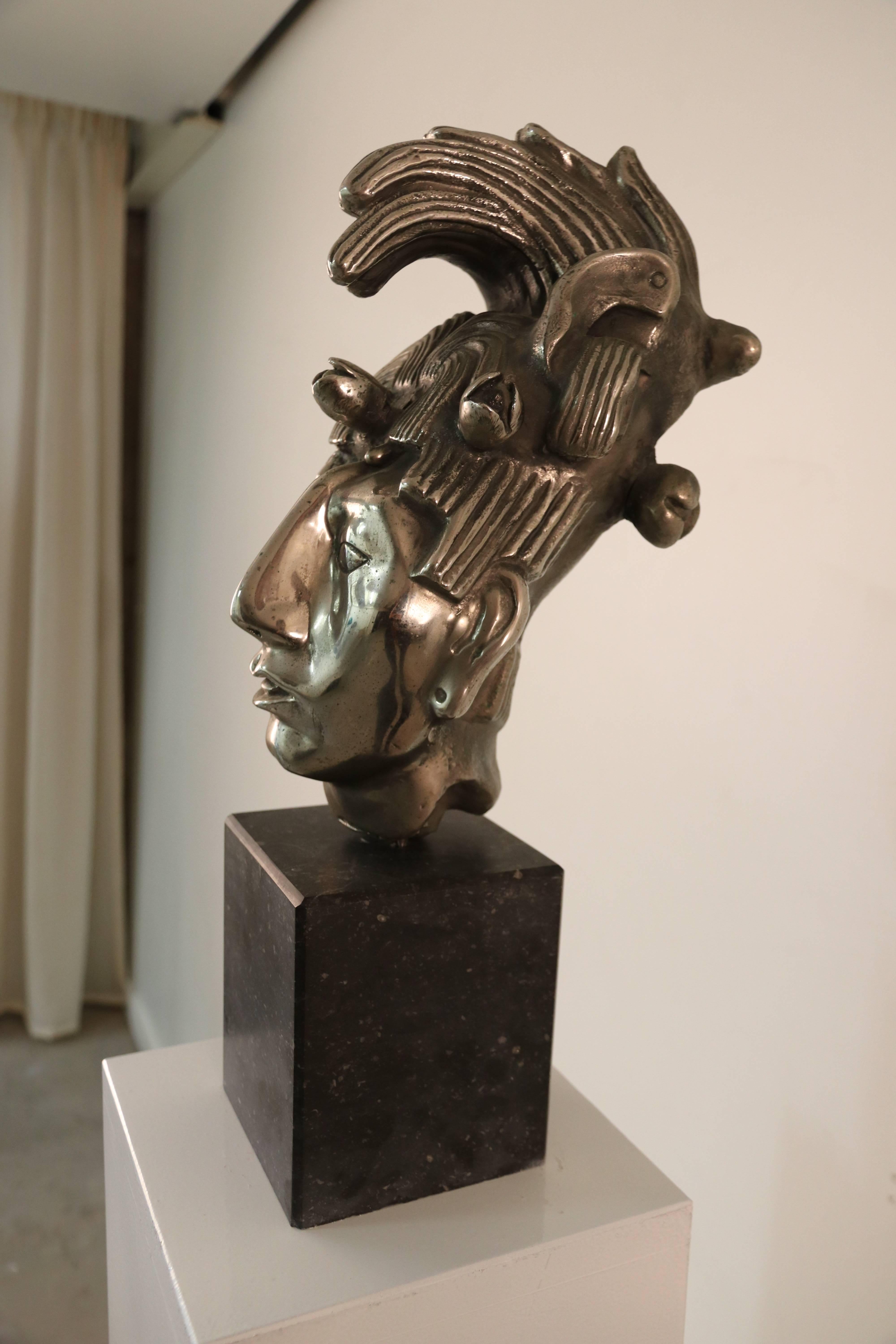 Mid-Century Modern Mayan King Lord Pacal in Cast Silver and Aluminum on Marble Socle For Sale