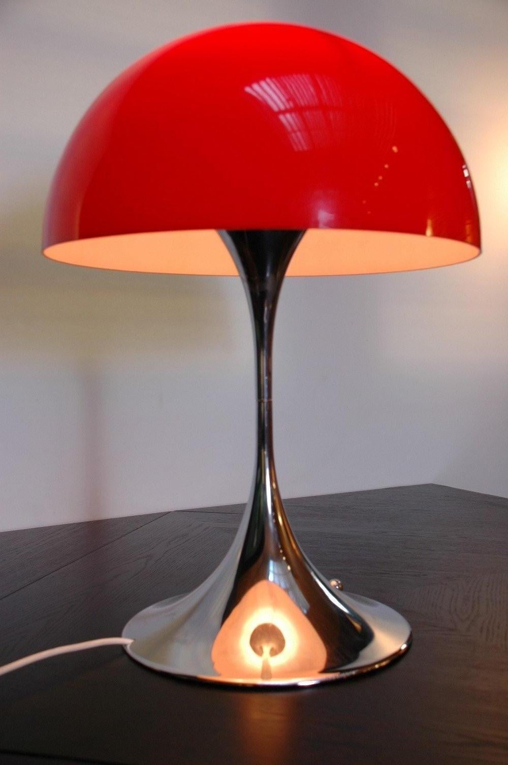 Late 20th Century Pair of Chromed Base and Red Shade Panthella Table Light by Verner Panton