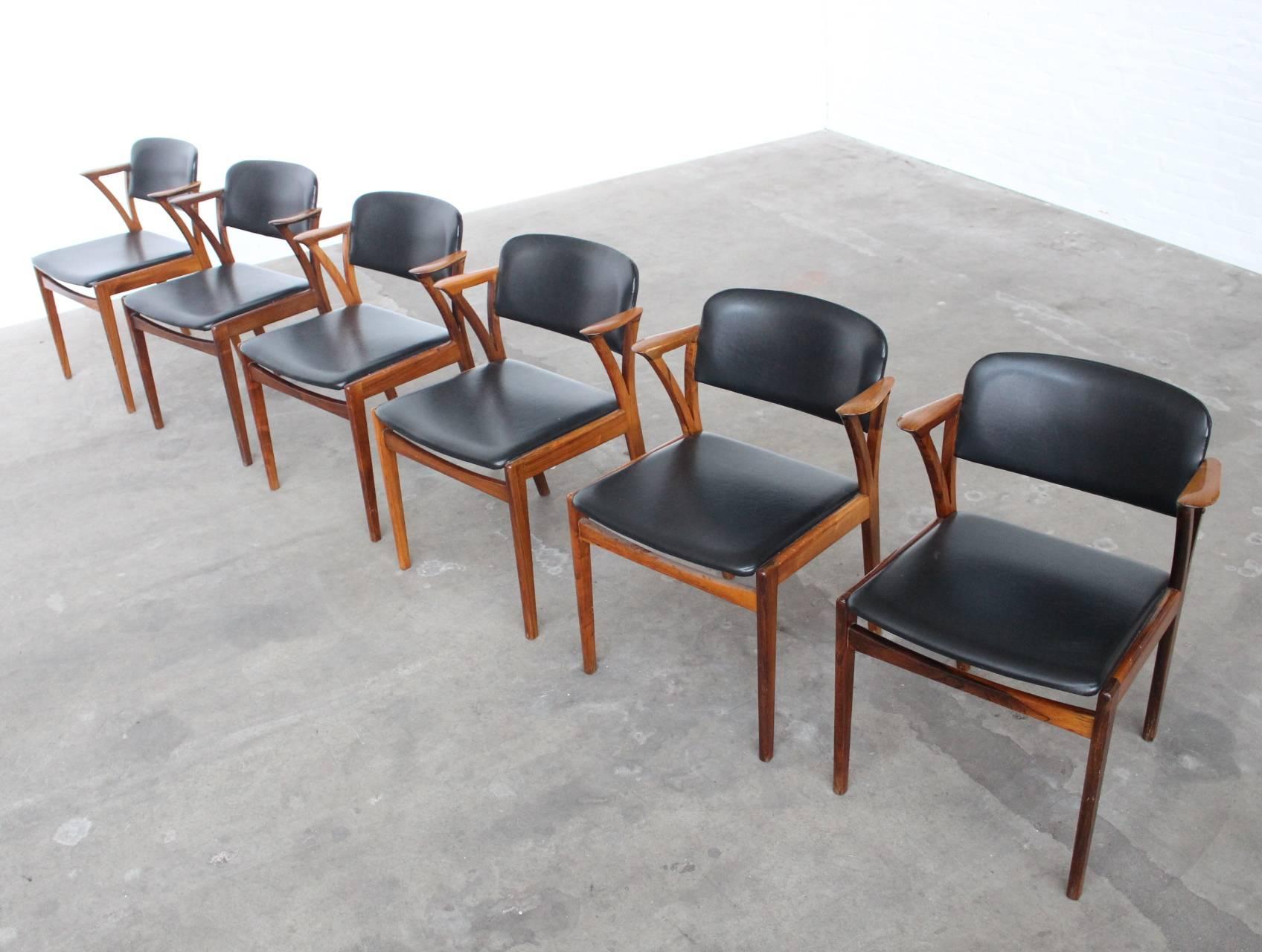 Mid-Century Modern Set of Six Rosewood Kai Kristiansen Signed Bovenkamp Dining Chairs, Denmark