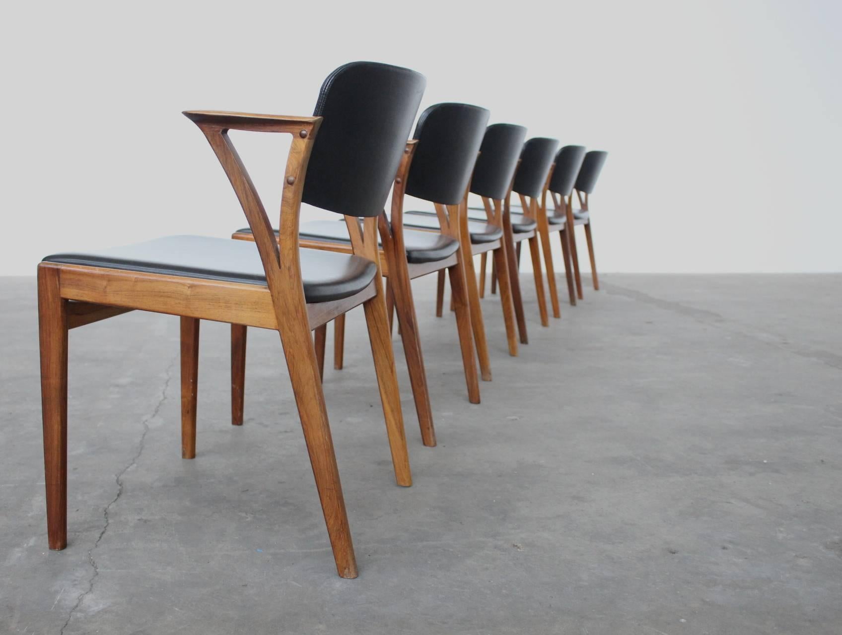 Set of Six Rosewood Kai Kristiansen Signed Bovenkamp Dining Chairs, Denmark 1