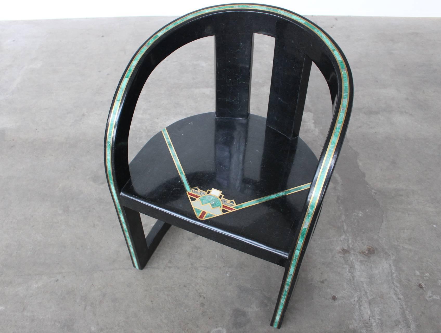 Hollywood Regency Rare Italian Black Marble Villa Versace Chair with Jade, Gold and Red Coral