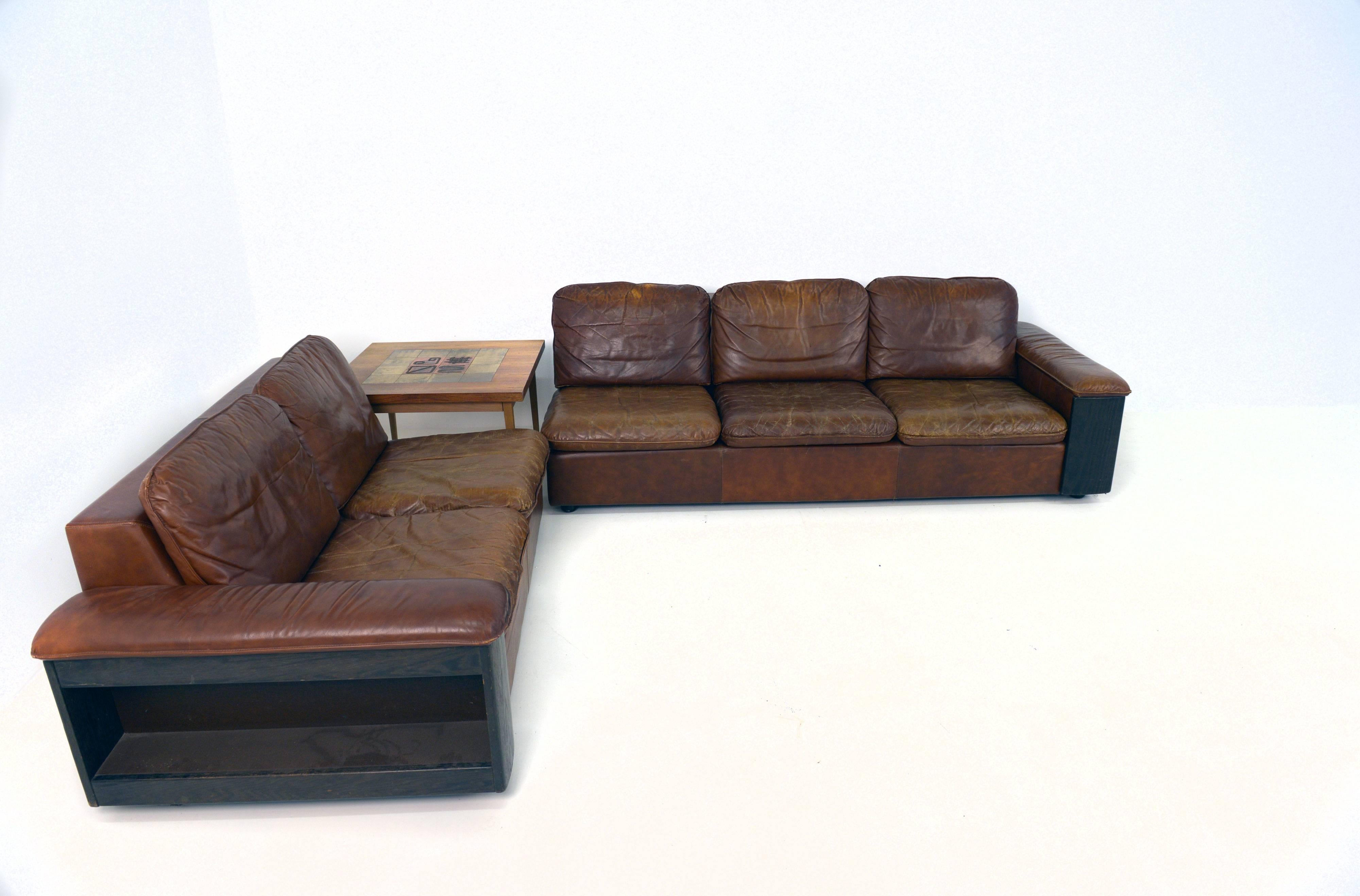 Danish Cool Leather Sofa with Bookcase in the Back, Two Parts For Sale