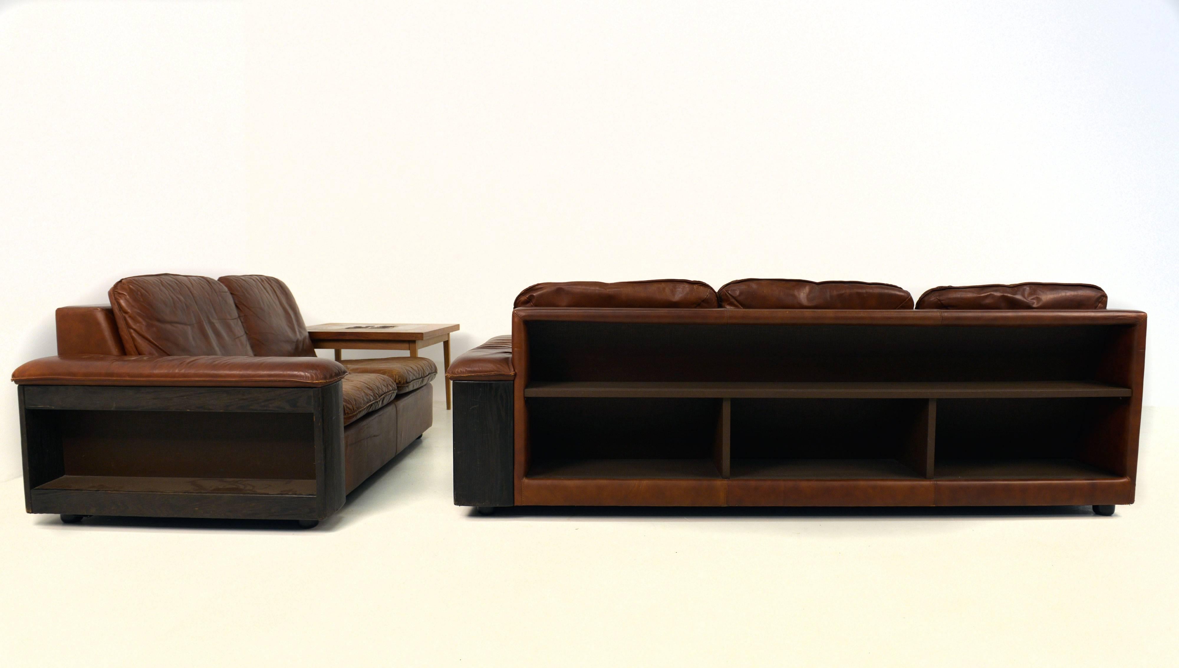 Mid-20th Century Cool Leather Sofa with Bookcase in the Back, Two Parts For Sale