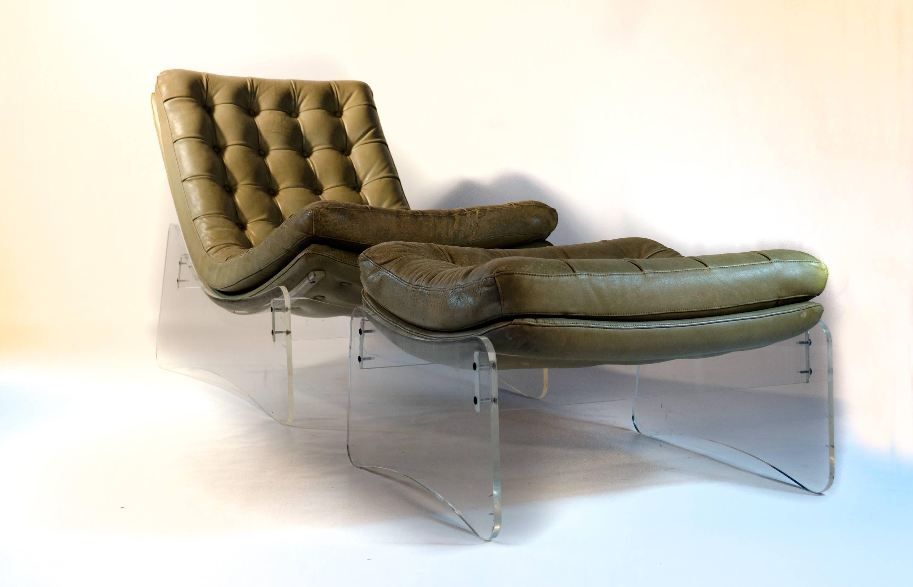Mid-20th Century Very Rare Italian Lucite Plexiglass Leather Lounge Chair For Sale