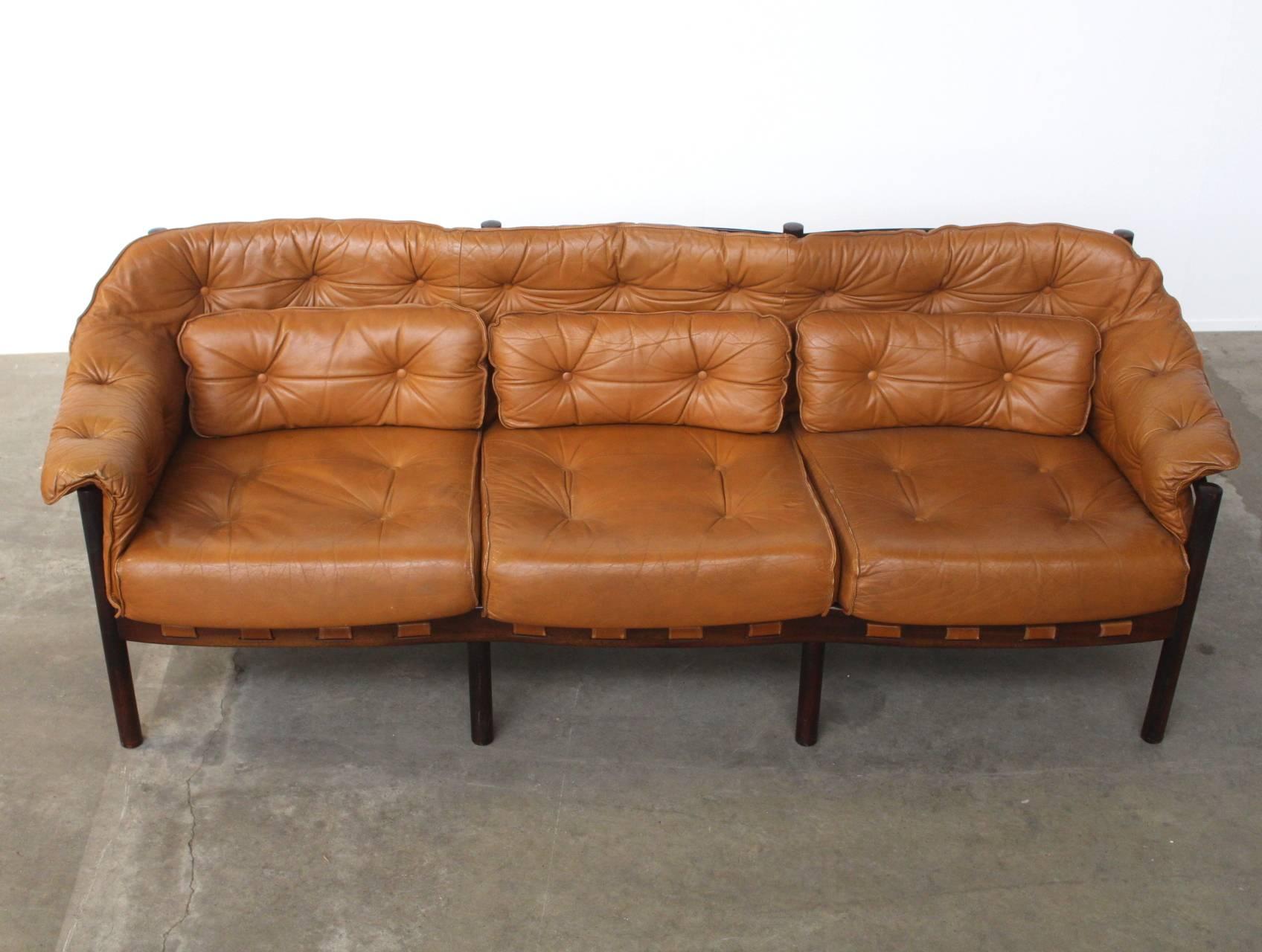 Mid-Century Modern Tufted Leather Camel Colored Three-Seat Arne Norell Sofa