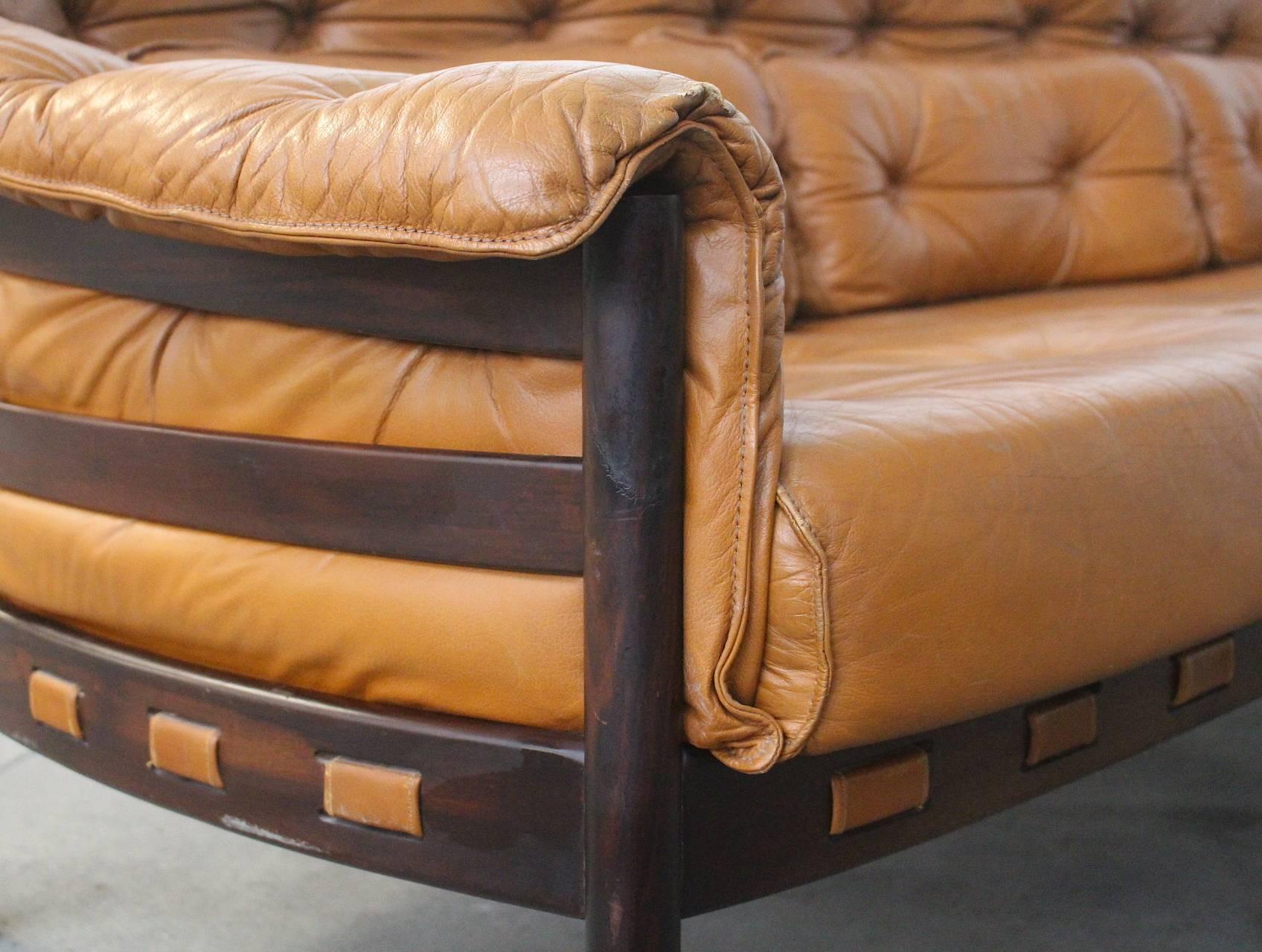 Tufted Leather Camel Colored Three-Seat Arne Norell Sofa In Excellent Condition In Amsterdam, NL