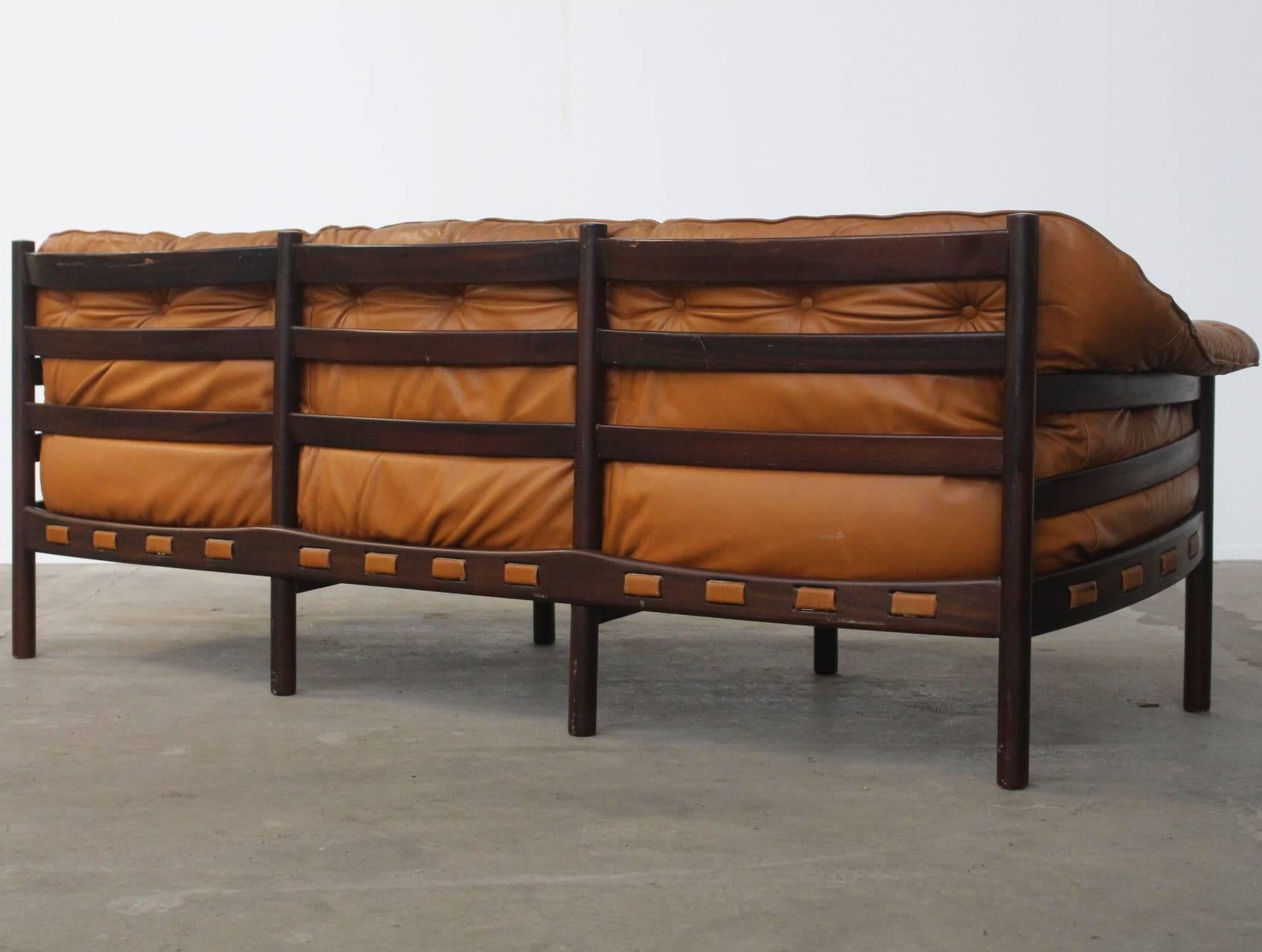 Mid-20th Century Tufted Leather Camel Colored Three-Seat Arne Norell Sofa