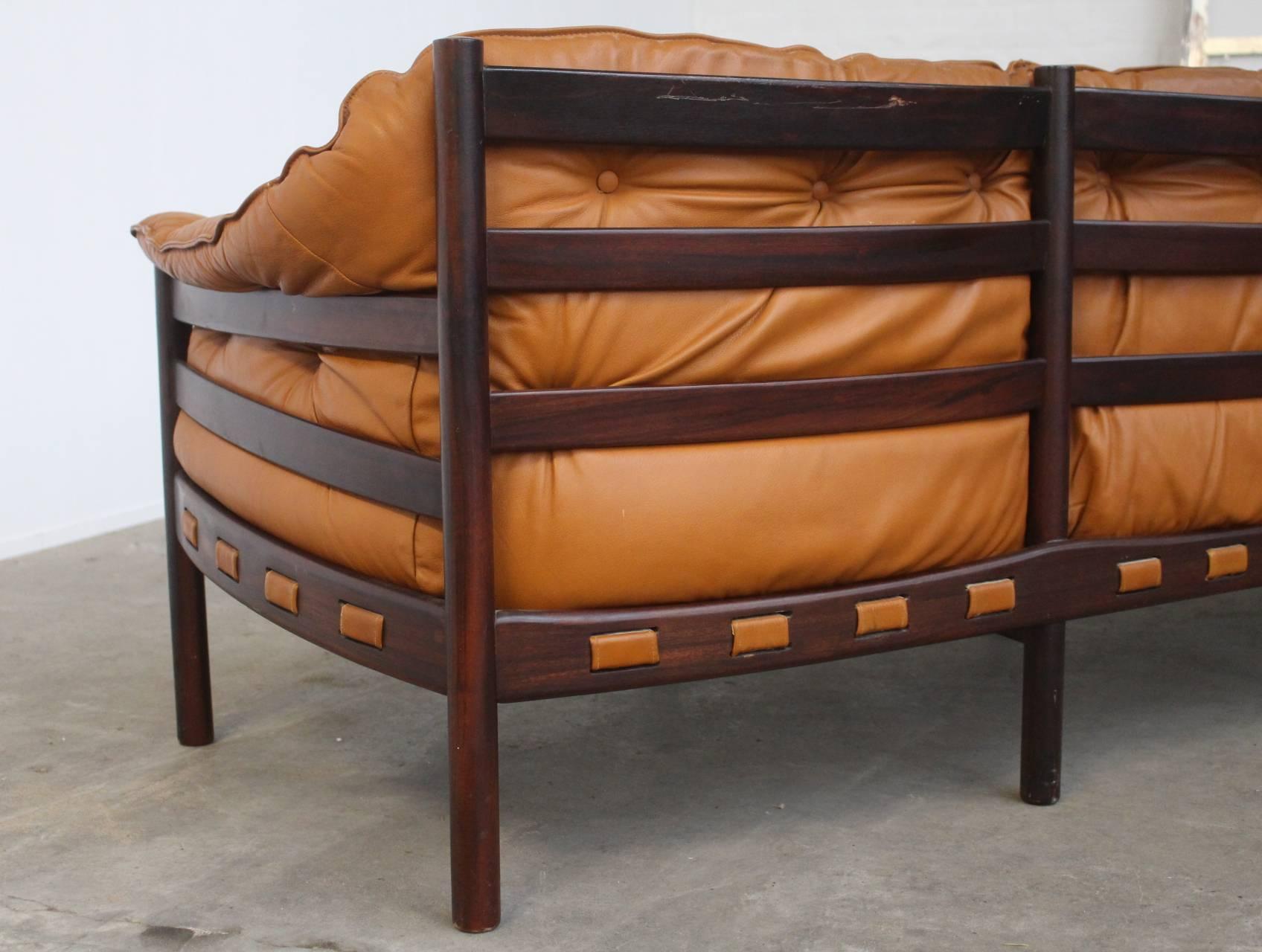 Tufted Leather Camel Colored Three-Seat Arne Norell Sofa 1
