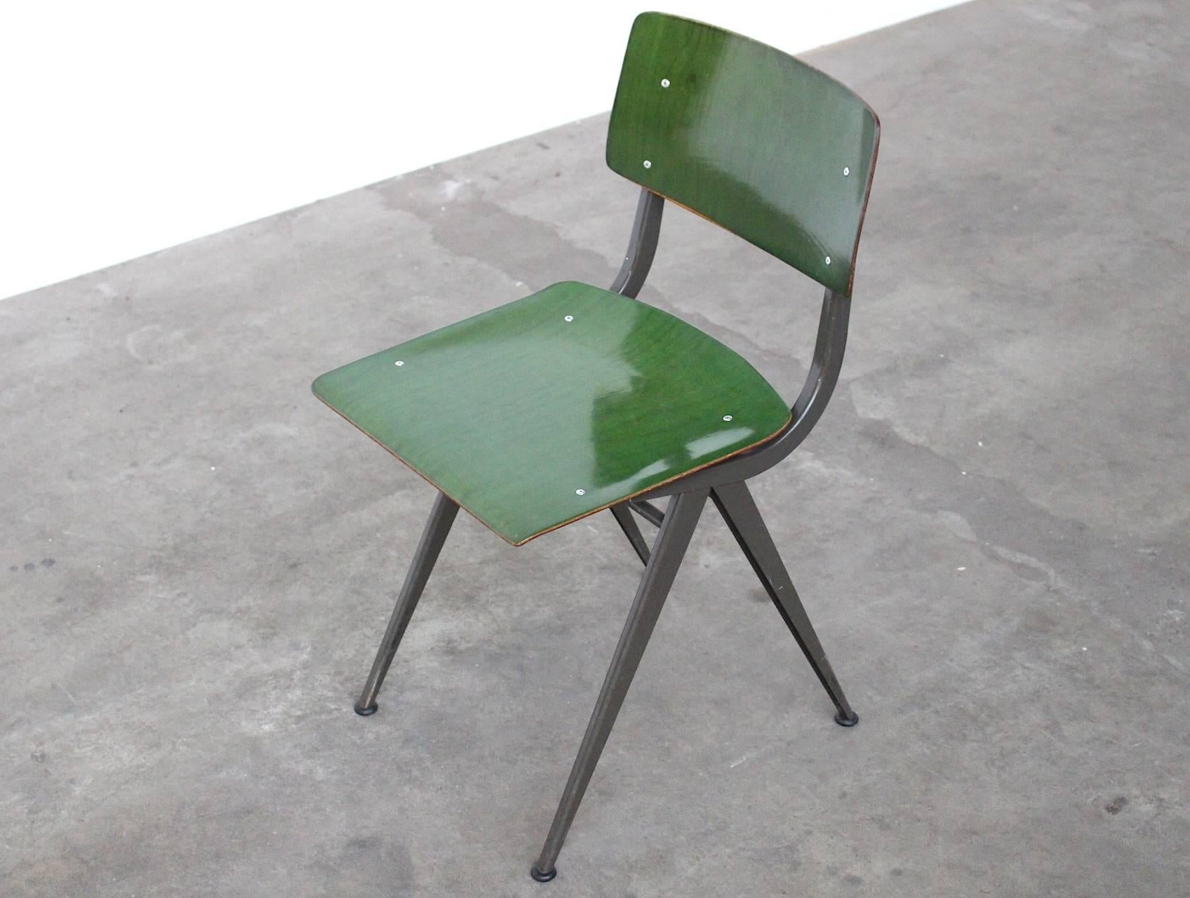 Metal Set of Ten Rare Factory Green Industrial Prouvé Style Compass Chairs by Marko