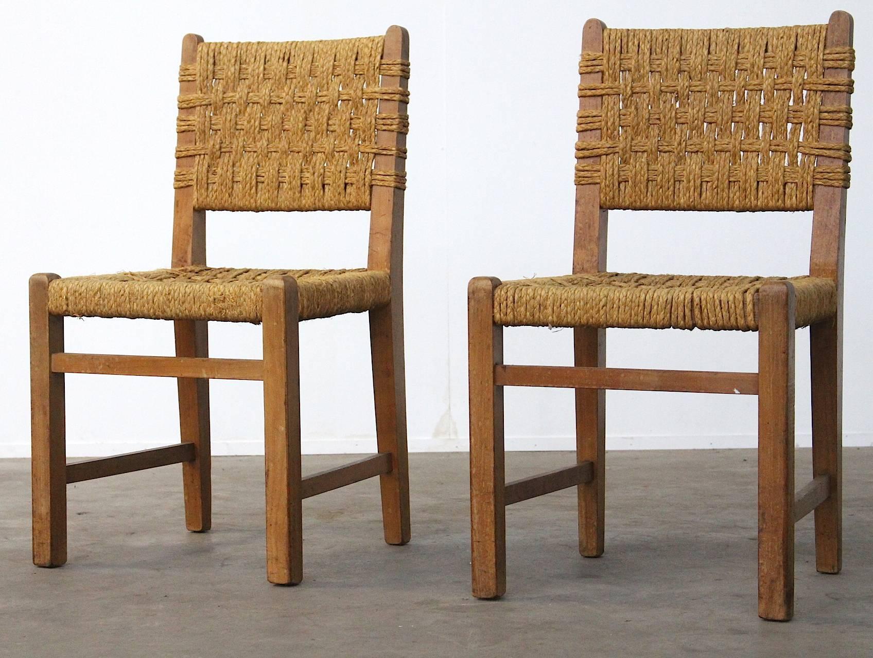 French Very Rare Pair of Side Chairs by Audoux et Minet Sisal Rope for Vibo Vesoul