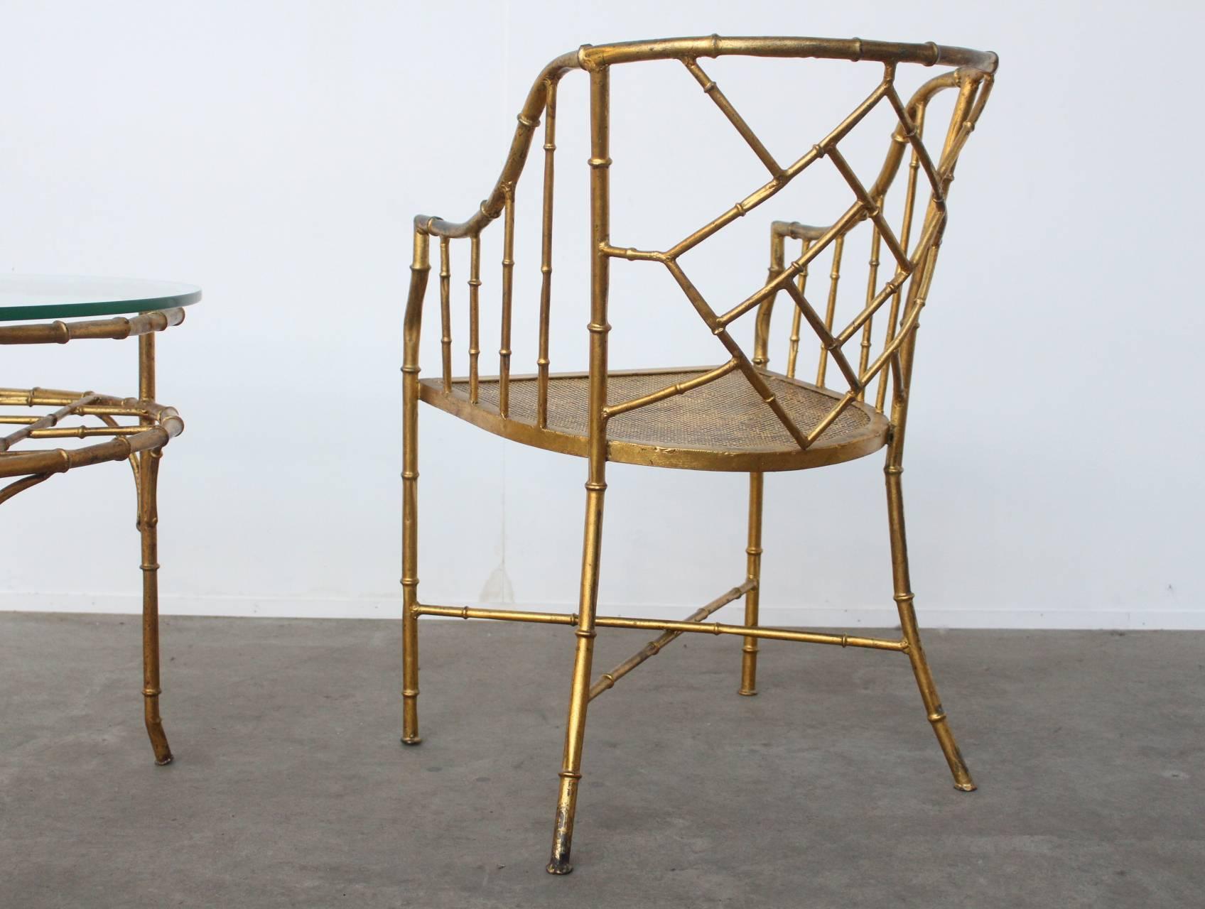 Mid-Century Modern Faux Bamboo Set of Side Chair and Table in the Style of Adnet For Sale