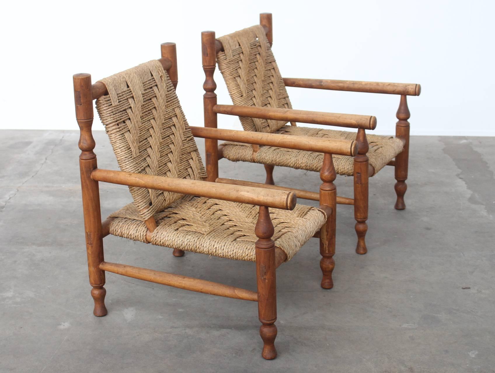 Mid-20th Century Charlotte Perriand Style Sisal Rope Easy Chairs. France 1950's