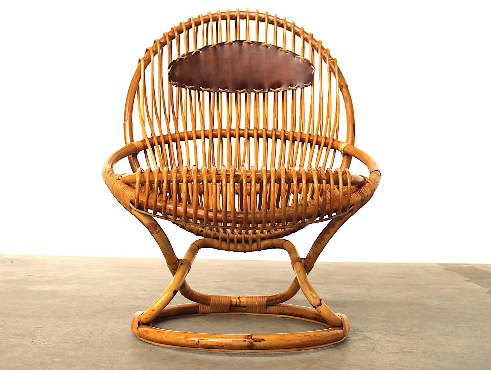 Leather Giovanni Travasa for Bonacina Wicker Easy Chair, circa 1950 For Sale