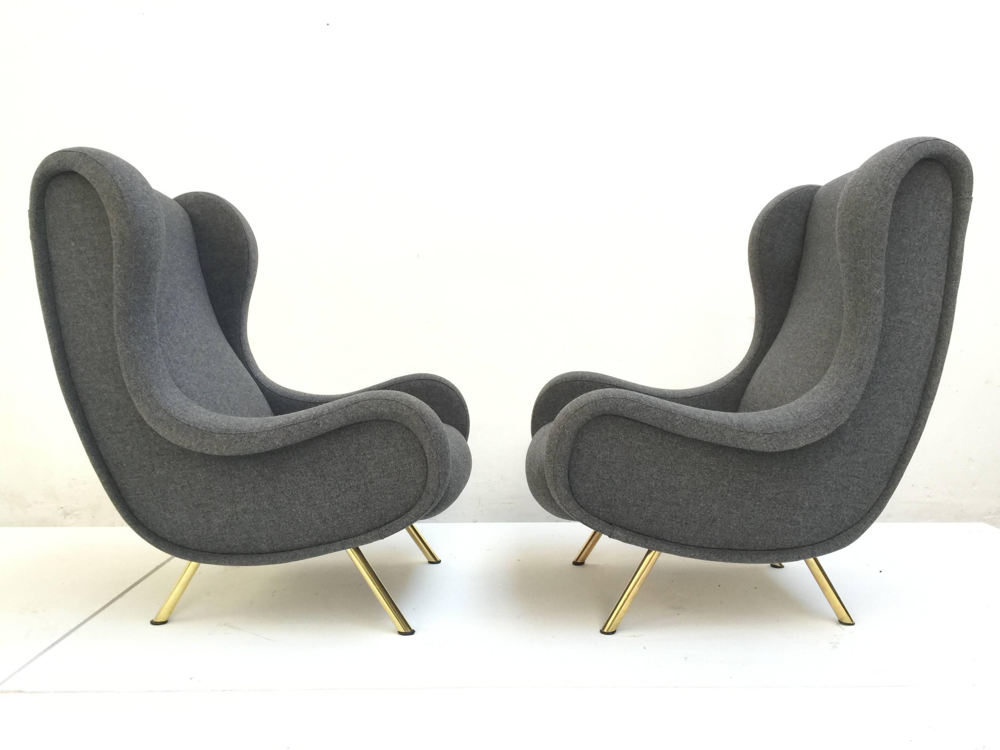 Superb pair of fully restored, very early production, iconic ''Senior' lounge chairs designed by Marco Zanuso for Arflex, Italy in 1951. These extremely rare very early production examples are identified by their handmade wood frames which were