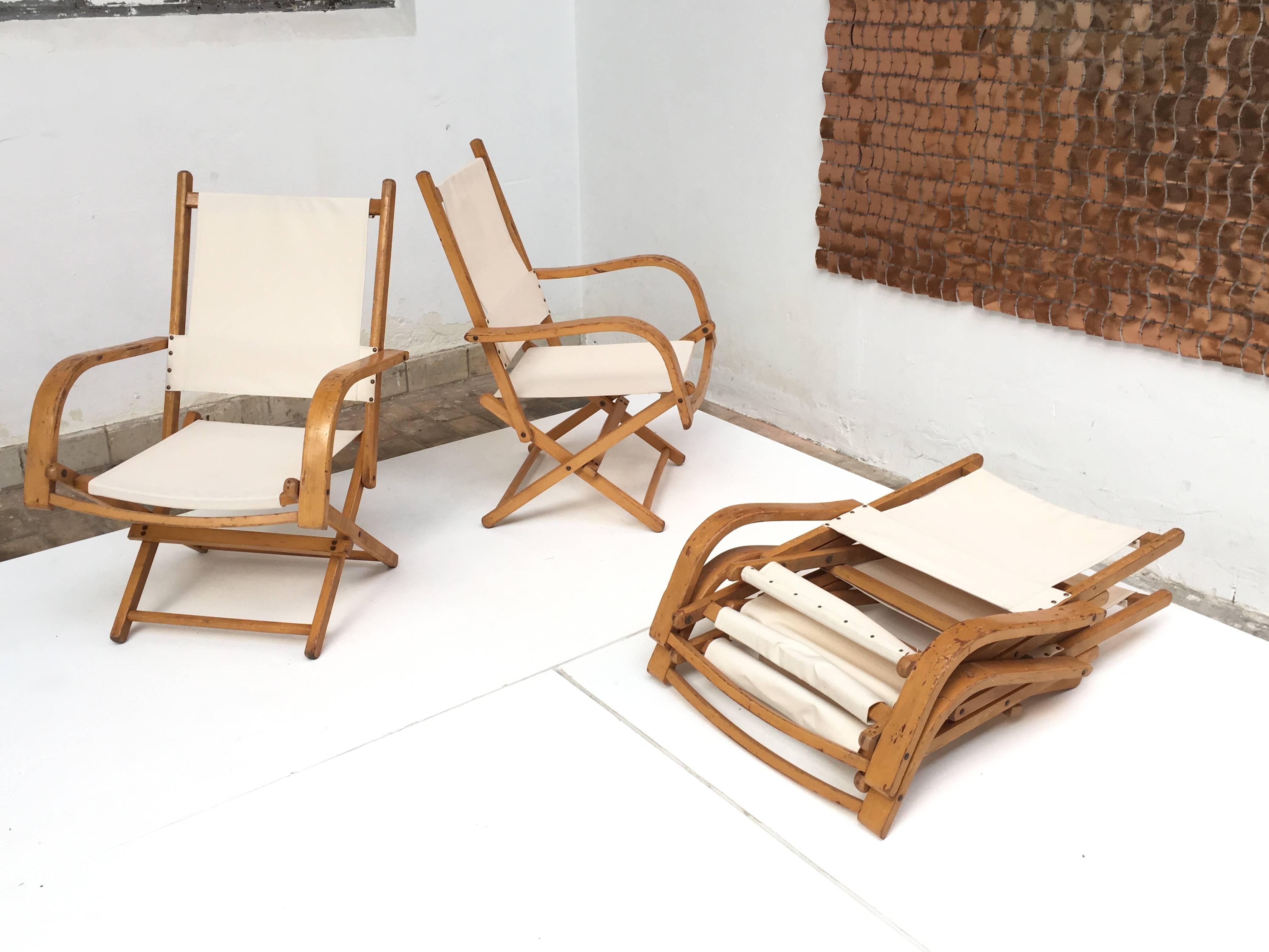Mid-20th Century Four Birch and Canvas Foldable Garden Chairs by Reyne, The Netherlands