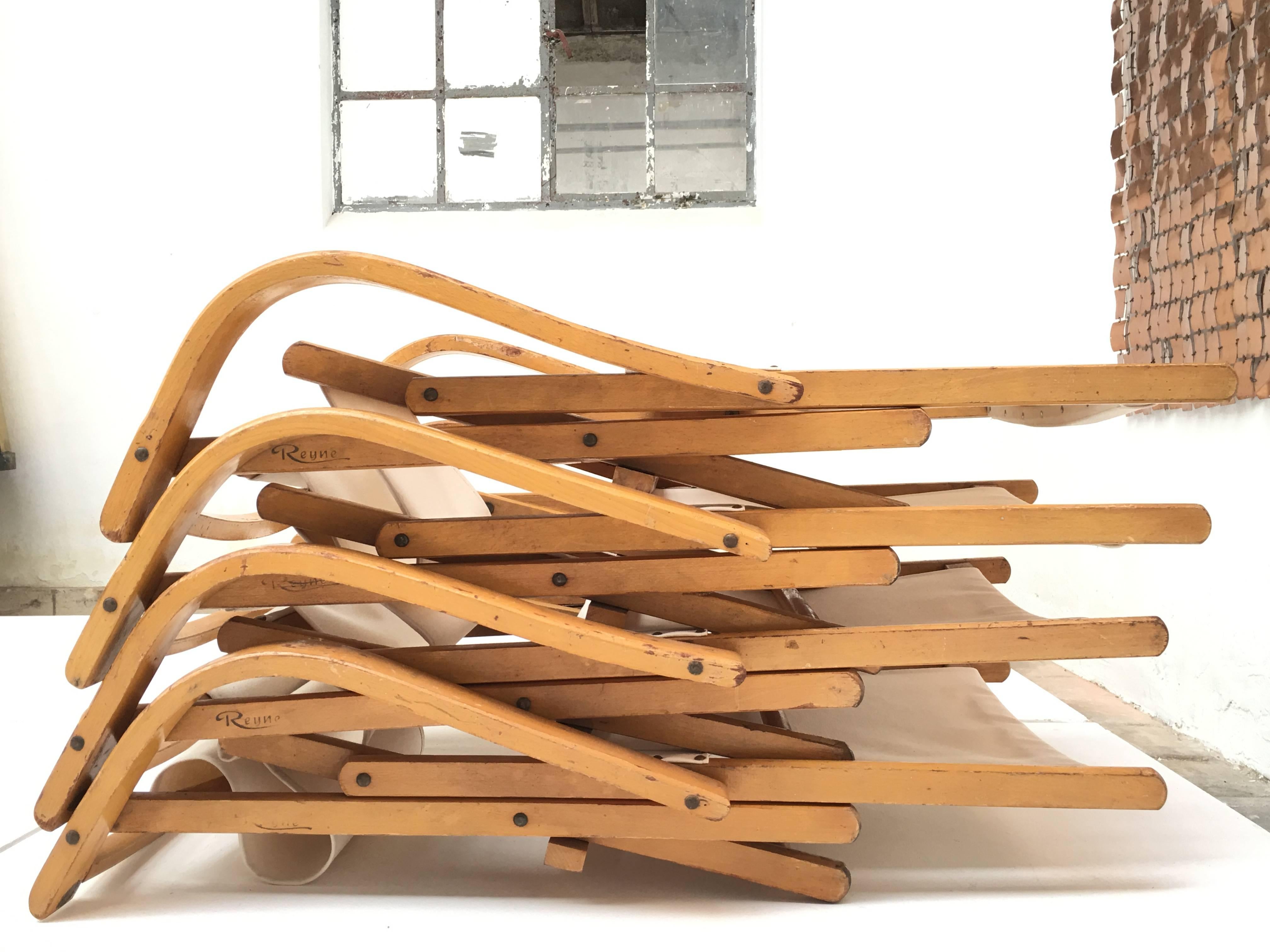 Mid-Century Modern Four Birch and Canvas Foldable Garden Chairs by Reyne, The Netherlands
