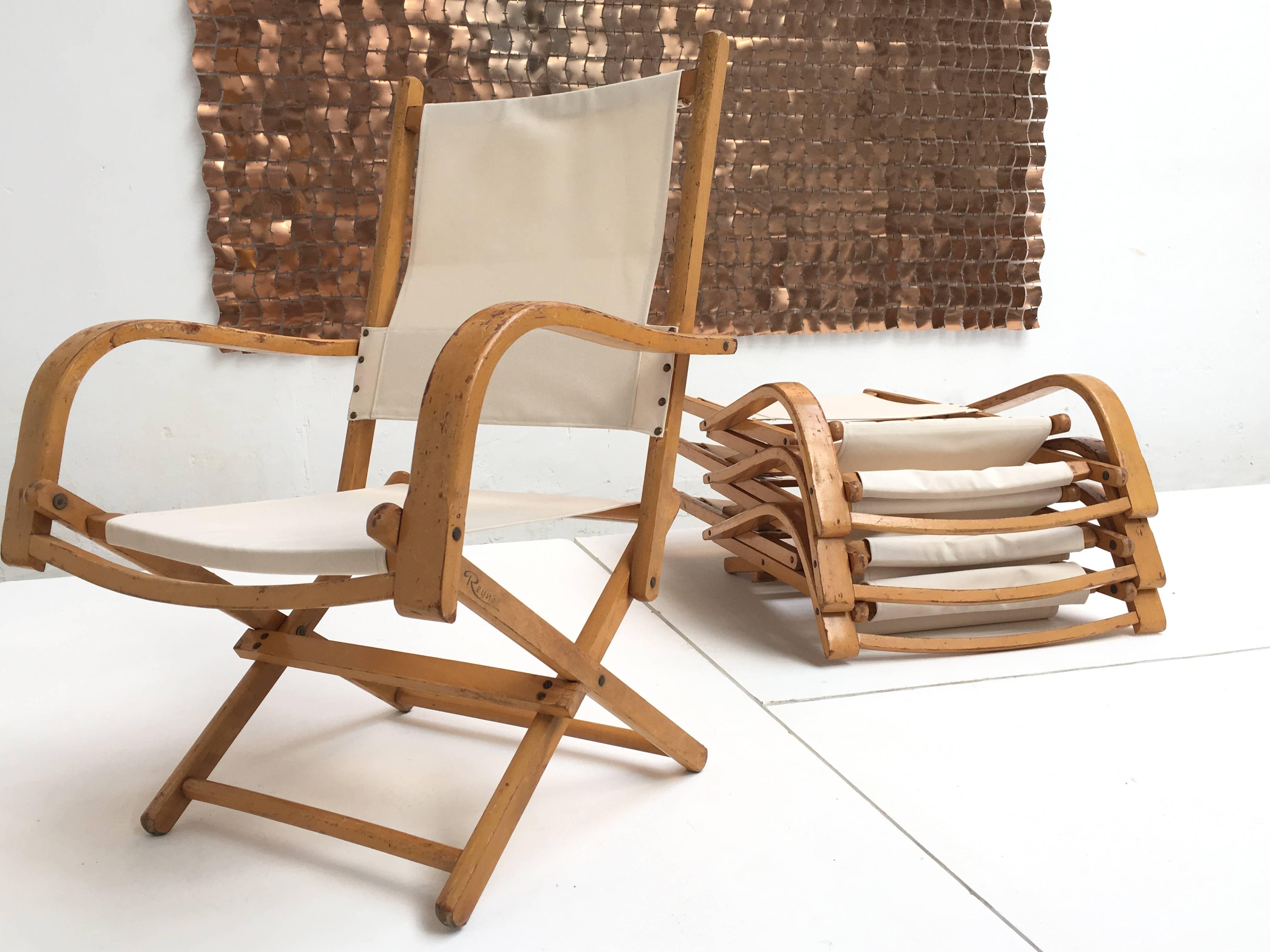 Four Birch and Canvas Foldable Garden Chairs by Reyne, The Netherlands 2
