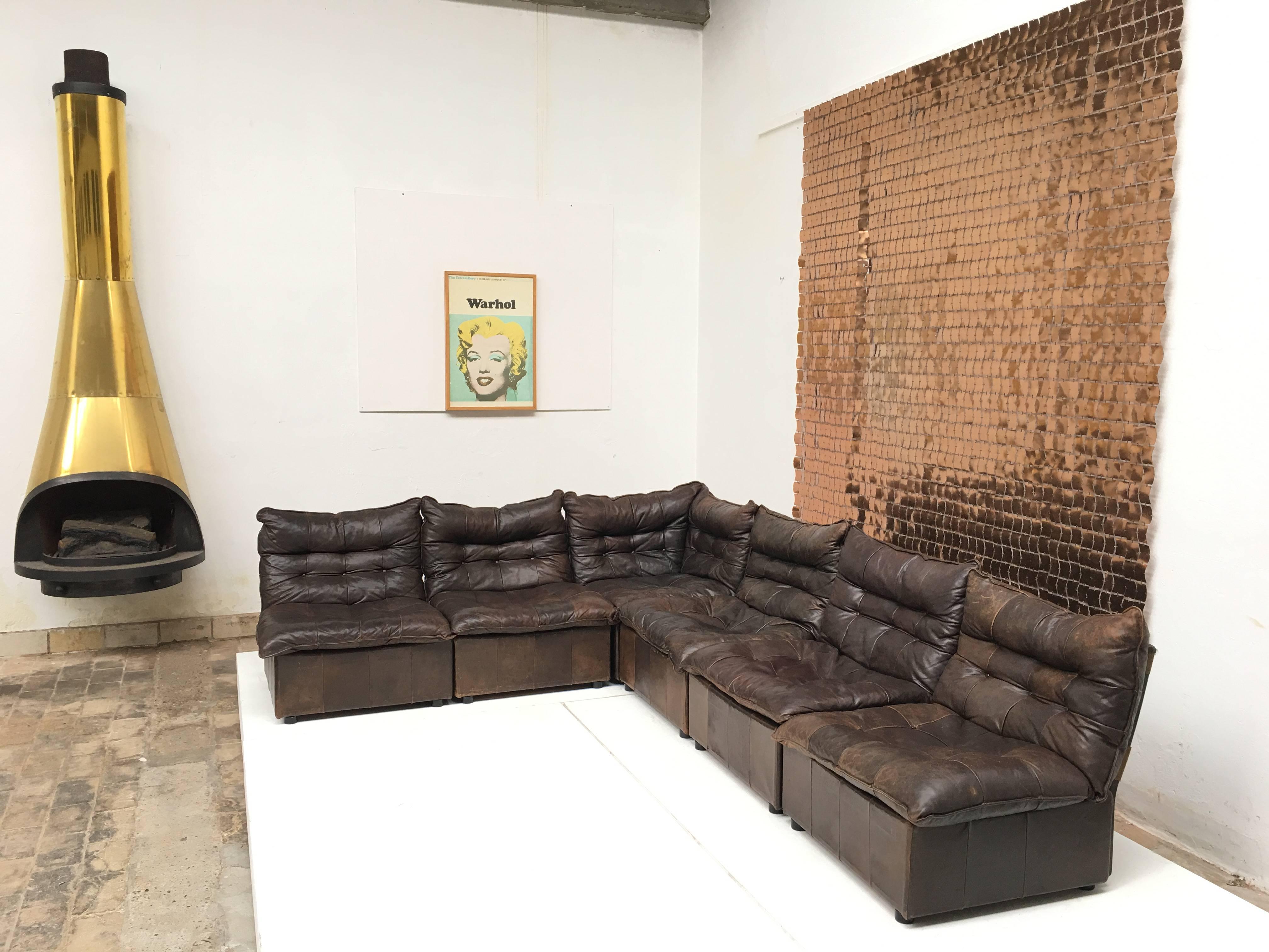 Dutch Gypset 1970s Chocolate Brown Distressed Leather Sectional Sofa by Leolux