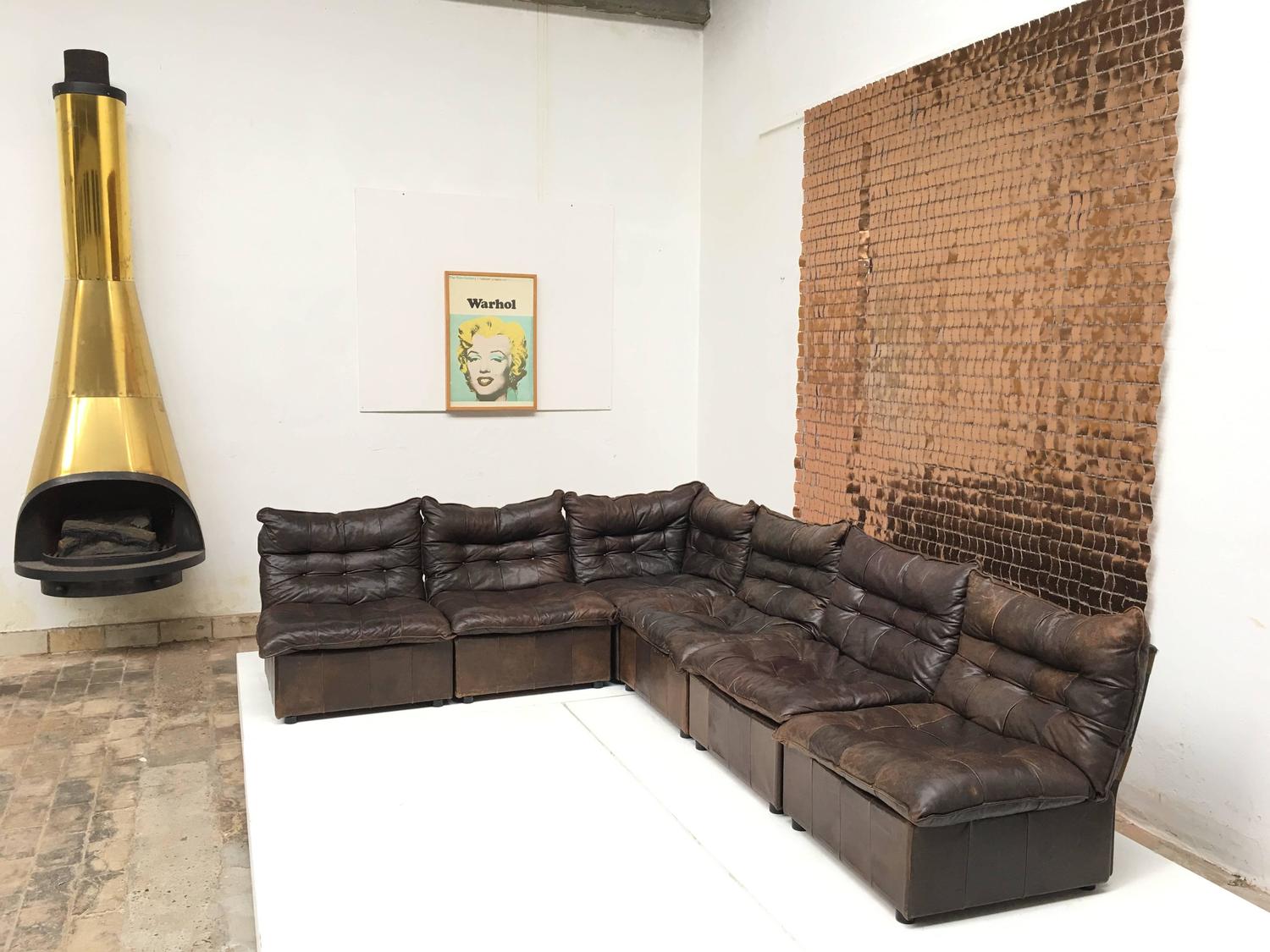 Gypset 1970s Chocolate Brown Distressed Leather Sectional Sofa by Leolux For Sale at 1stdibs