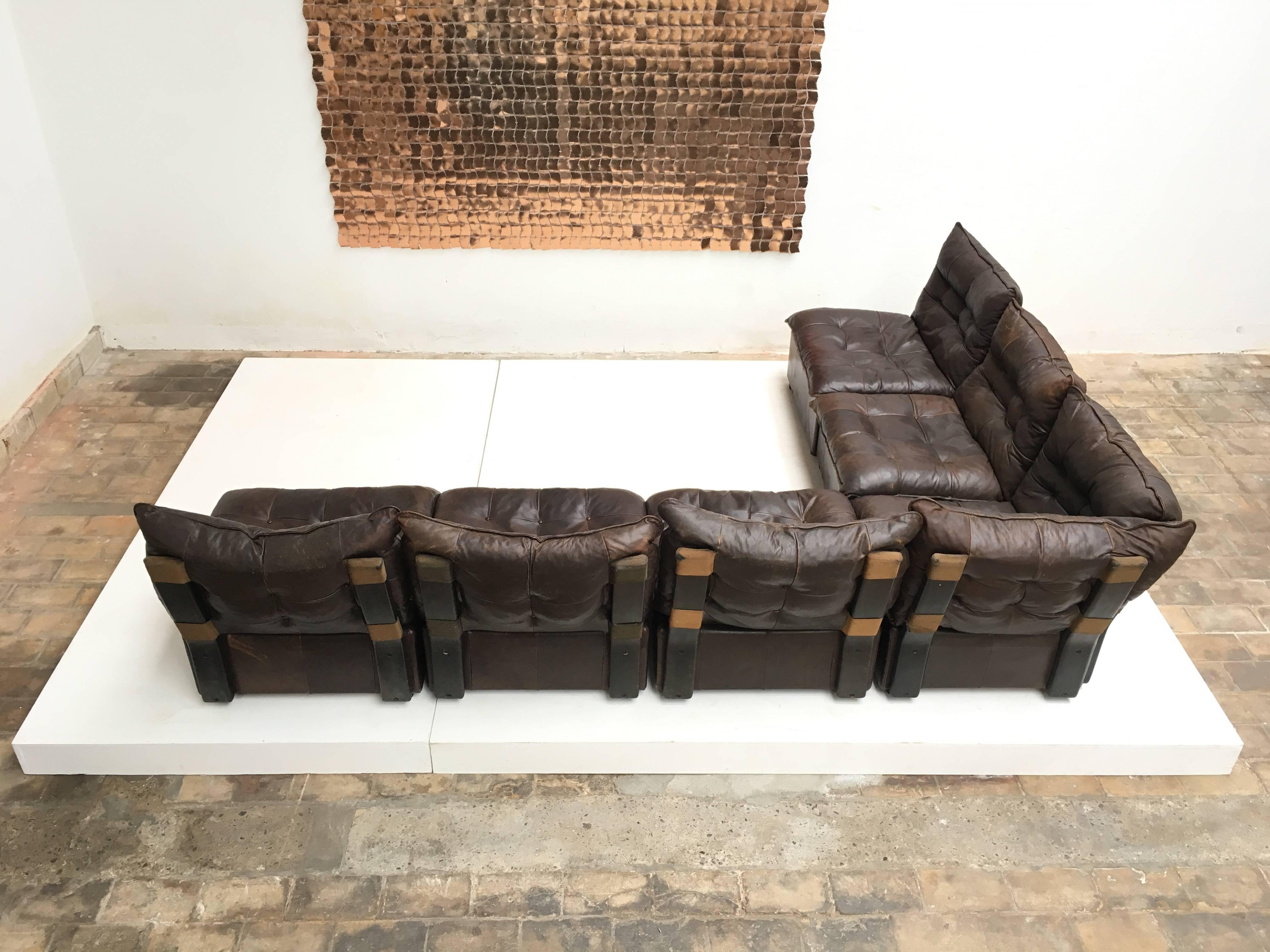 Mid-Century Modern Gypset 1970s Chocolate Brown Distressed Leather Sectional Sofa by Leolux