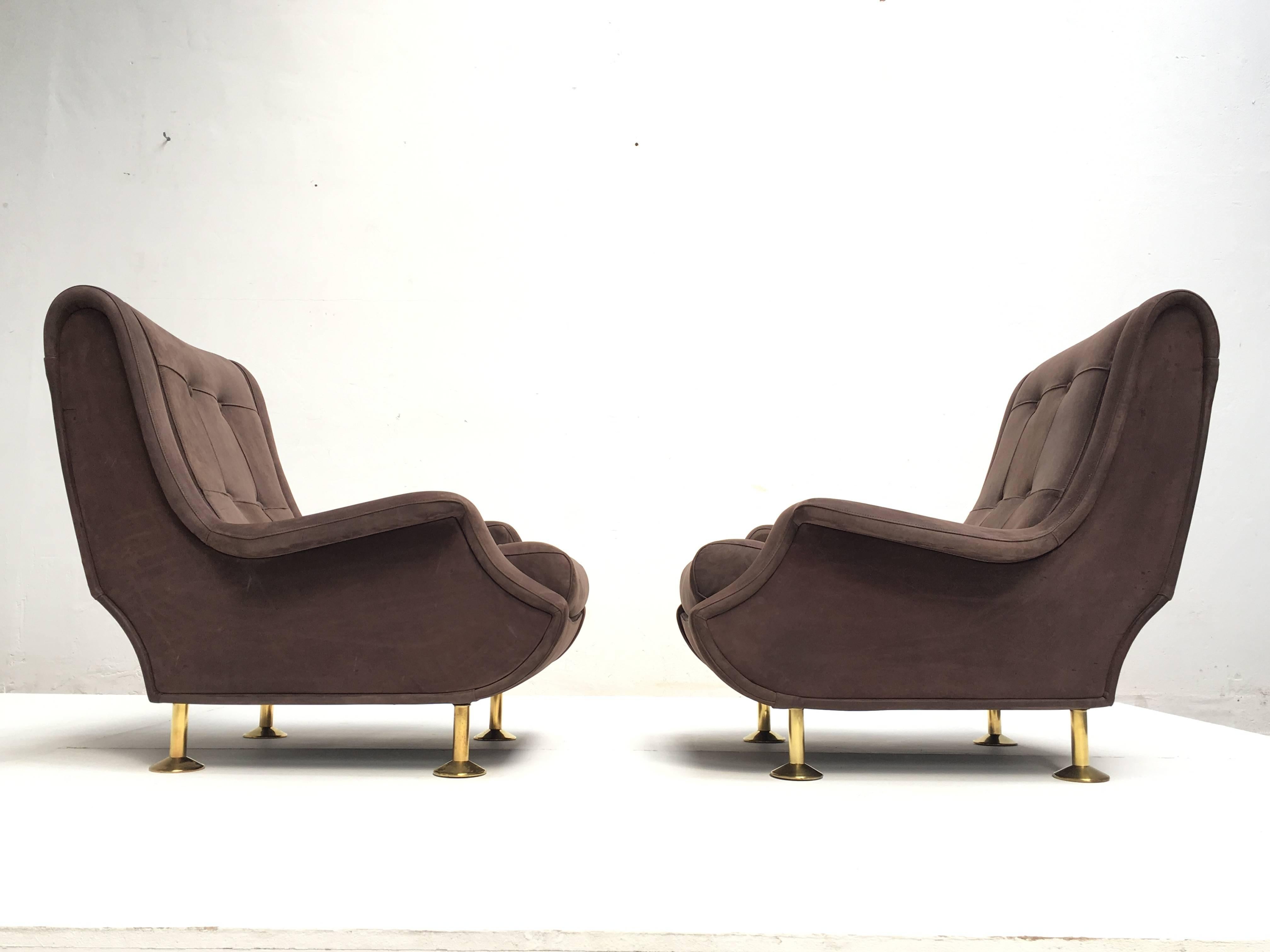 Beautiful pair of Zanuso 'Regent' chairs designed by Marco Zanuso for Arflex, Italy in 1960. This pair have been fully restored from the bare frames up including new Pirelli rubber webbing, new Latex rubber foam and beautiful high quality chocolate