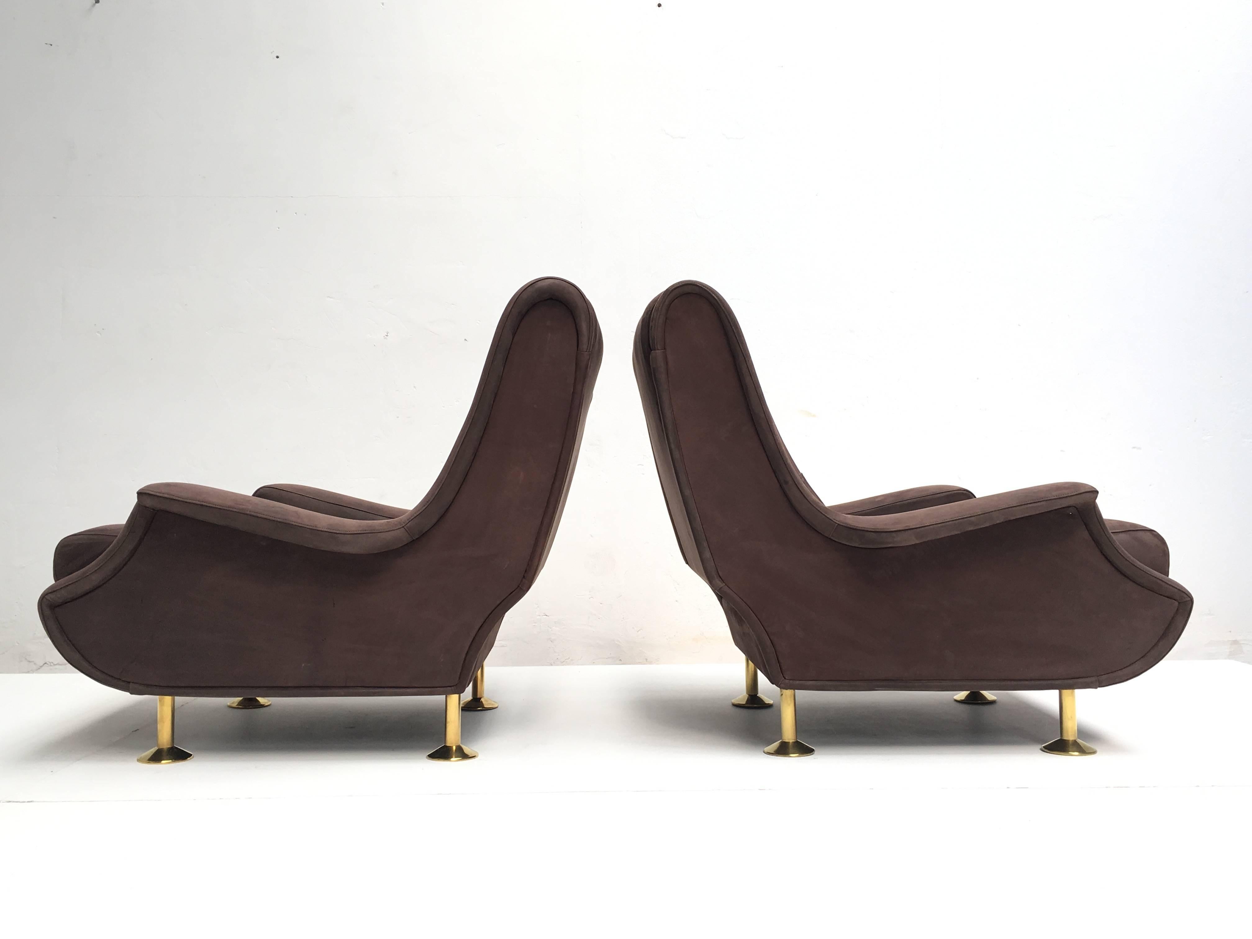 Italian Fully Restored Zanuso Regent Chairs Pair Finished in Nappa Leather, Arflex, 1960